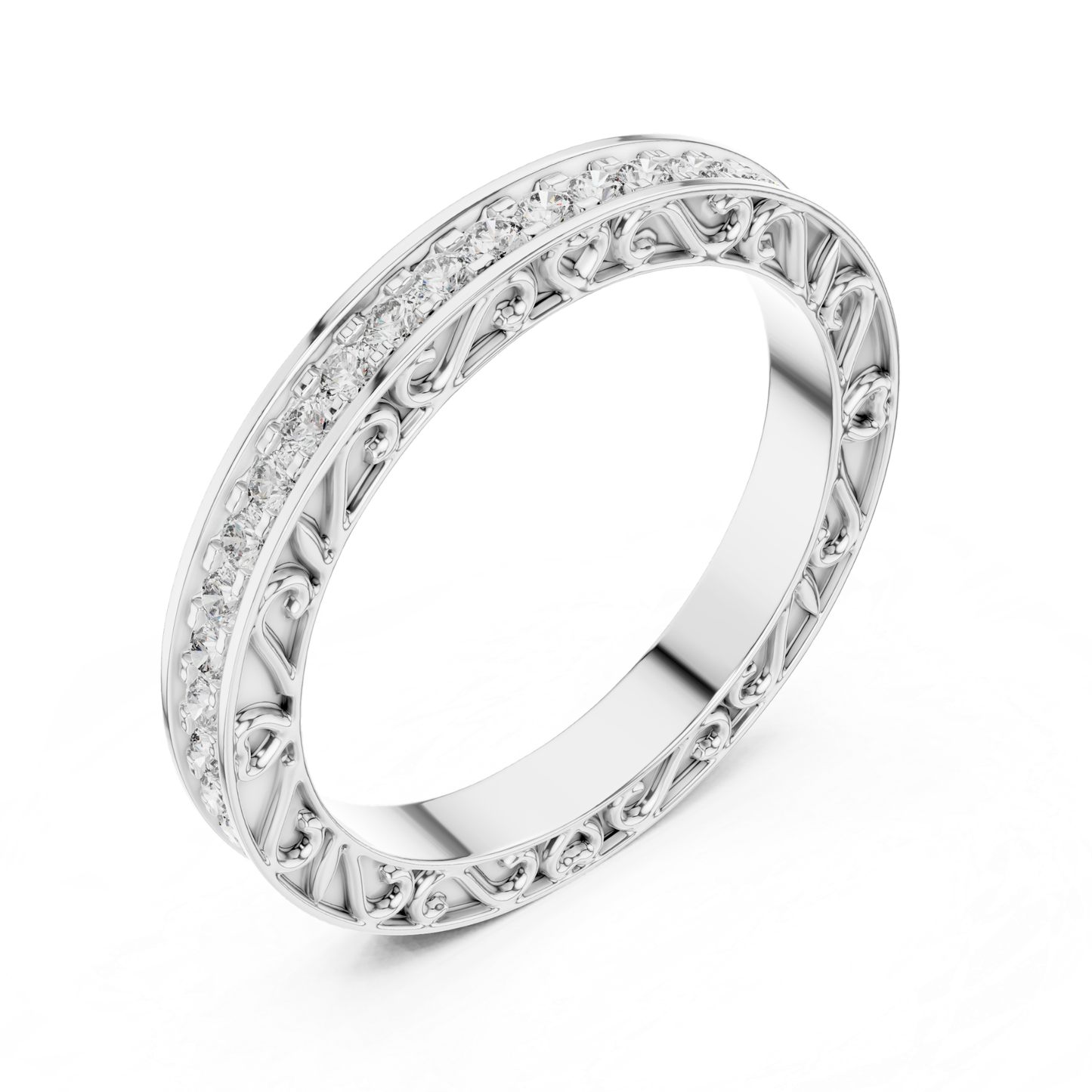 White gold round diamond openwork eternity band
White gold diamond wedding band ring
Round diamond eternity ring in white gold
White gold vintage inspired diamond band
Open gallery diamond eternity band
White gold anniversary ring with diamonds
Elegant white gold eternity wedding band
Fine jewelry round diamond band ring
White gold decorative diamond eternity ring
White gold diamond band close up view