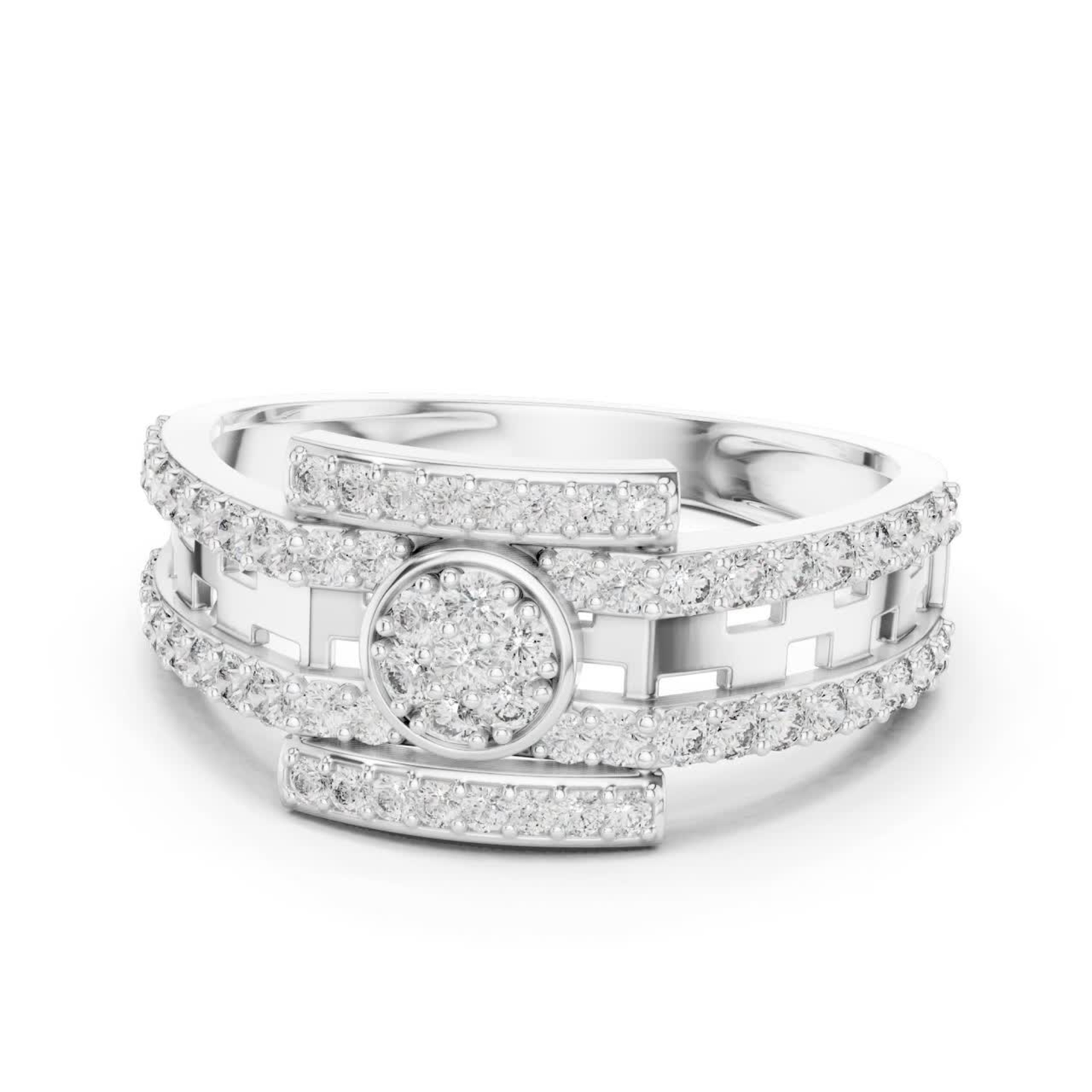 Angled view white gold round diamond openwork ring
White gold circular diamond centerpiece band ring
Round diamond white gold designer fashion ring
Modern white gold geometric diamond ring profile
White gold open gallery ring with diamonds
Luxury white gold round diamond statement ring
Contemporary white gold diamond accent band
White gold structured ring with round diamonds
Designer white gold openwork diamond ring view
White gold architectural round diamond ring angle