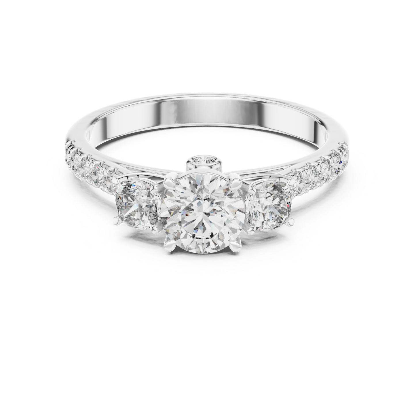 White gold round three stone diamond ring front view
White gold ring with round center diamond
Three stone diamond ring in white gold
Round brilliant diamond ring with side stones
White gold diamond ring with pavé band
Classic round three stone diamond ring
White gold engagement ring with round diamonds
Polished white gold three stone ring
Round diamond ring with slim white gold band
Front view white gold diamond ring