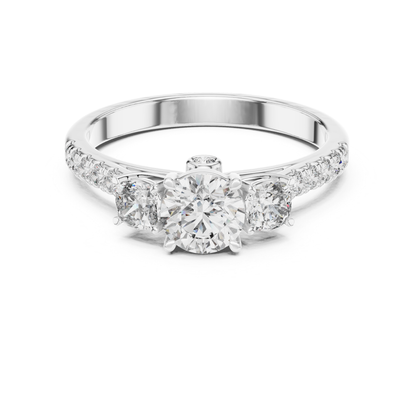 White gold round three stone diamond ring front view
White gold ring with round center diamond
Three stone diamond ring in white gold
Round brilliant diamond ring with side stones
White gold diamond ring with pavé band
Classic round three stone diamond ring
White gold engagement ring with round diamonds
Polished white gold three stone ring
Round diamond ring with slim white gold band
Front view white gold diamond ring
