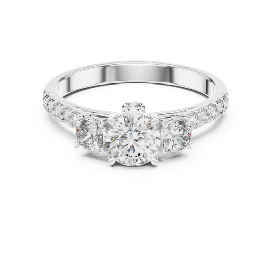 White gold round three stone diamond ring front view
White gold ring with round center diamond
Three stone diamond ring in white gold
Round brilliant diamond ring with side stones
White gold diamond ring with pavé band
Classic round three stone diamond ring
White gold engagement ring with round diamonds
Polished white gold three stone ring
Round diamond ring with slim white gold band
Front view white gold diamond ring