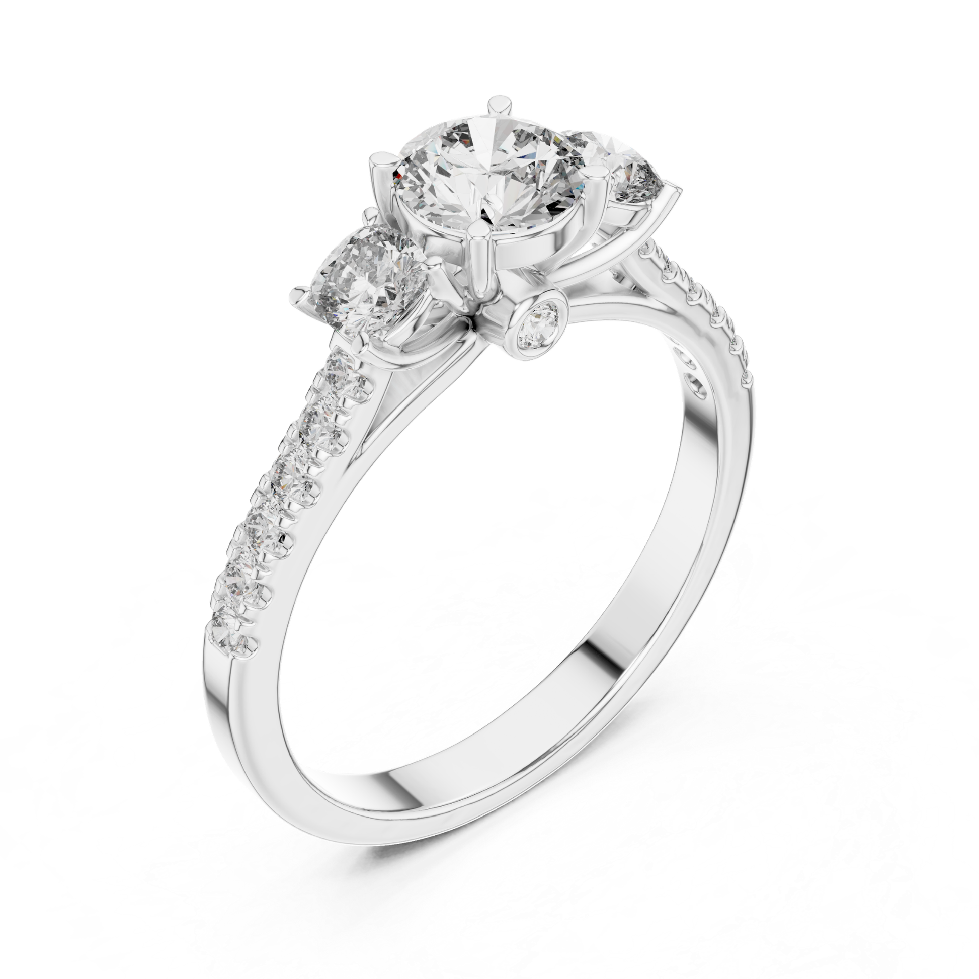 White gold round three stone diamond ring perspective view
Perspective view white gold round diamond ring design
White gold three stone diamond ring angled display
Round diamond white gold ring with pavé band
White gold engagement ring with side diamonds
Angled white gold round diamond ring setting
White gold polished band with round diamonds
Three stone white gold diamond ring close view
White gold ring with round diamond gallery
Round diamond white gold ring perspective angle