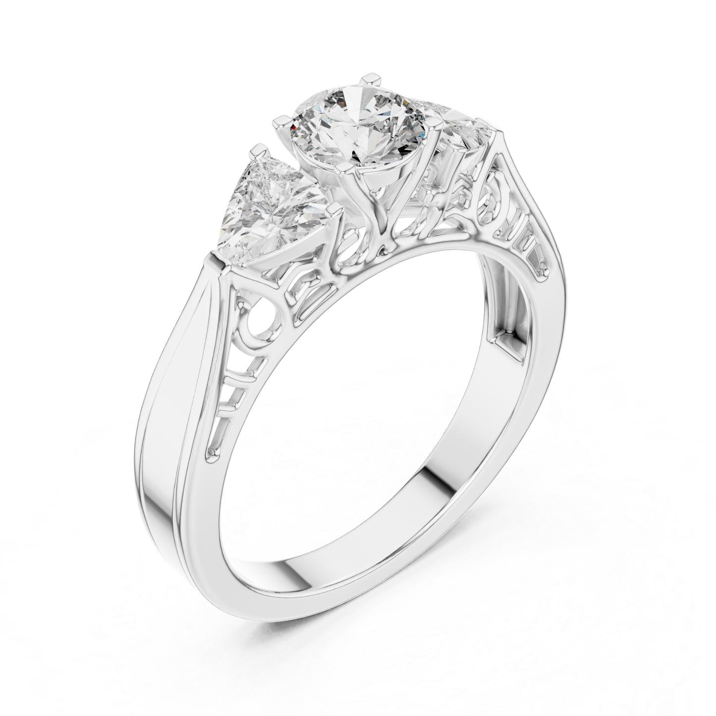 White gold three stone diamond ring angled view
White gold ring with round and trillion diamonds
Three stone diamond ring with filigree gallery
White gold diamond engagement ring
Round diamond center with trillion side stones
White gold three stone ring with open gallery
Polished white gold diamond ring design
Elegant three stone diamond white gold ring
White gold ring with detailed gallery setting
Three stone diamond ring in white gold