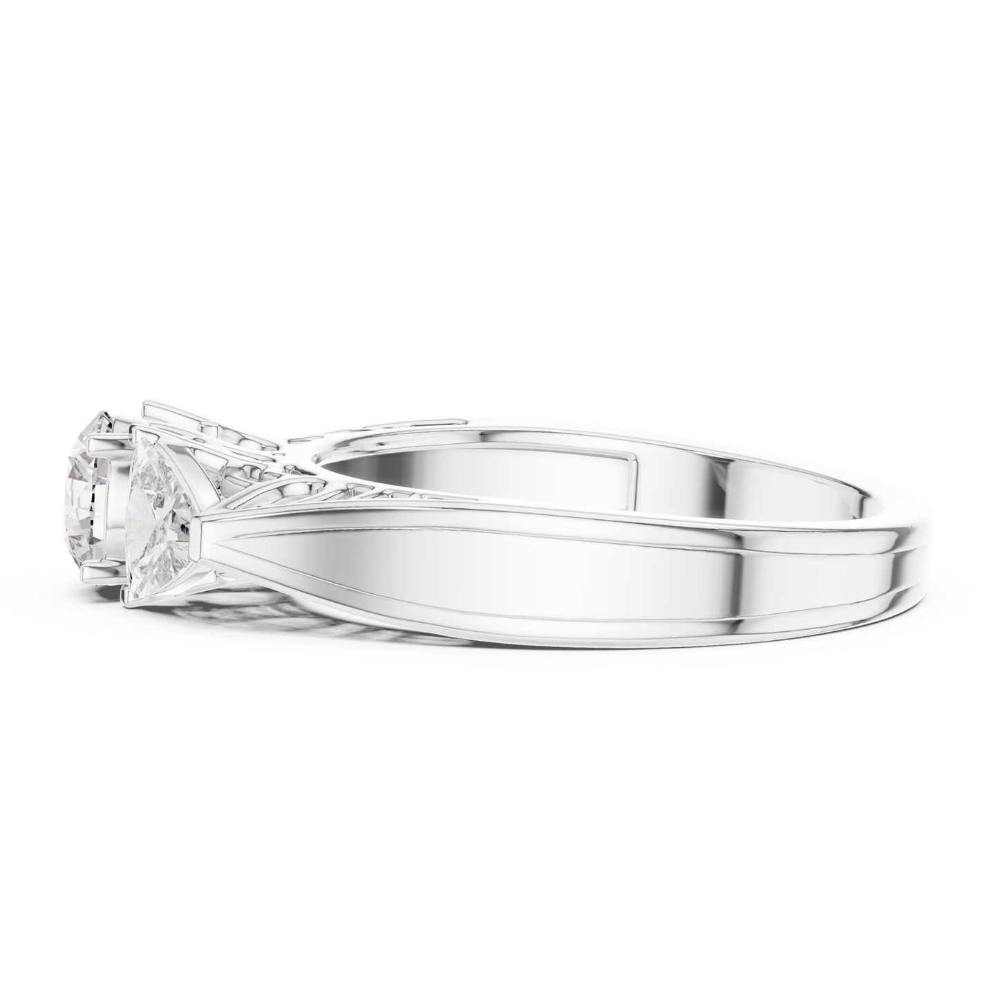 White gold three stone diamond ring side view
Side profile of white gold diamond ring
White gold ring with three diamond setting
Three stone diamond ring with split band
White gold ring showing side gallery
Polished white gold three stone ring
Side angle white gold diamond ring
White gold ring with round and trillion diamonds
White gold engagement ring side profile
Three stone white gold diamond ring band