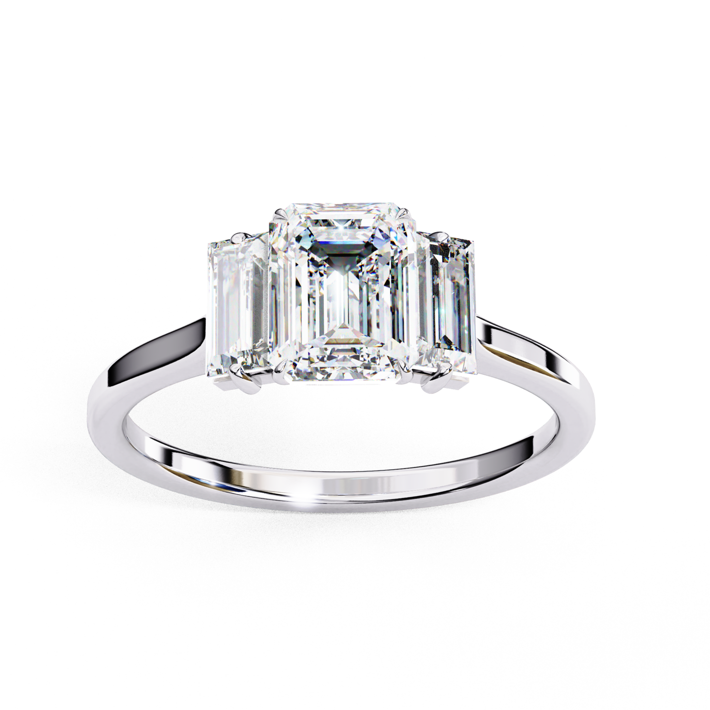 White gold band with emerald cut diamonds
Three emerald cut diamonds in white gold
White gold ring with emerald diamonds
Three stone emerald cut ring
Close up of white gold ring with diamonds
Three stone emerald cut diamond ring
Side view of white gold ring with diamonds
White gold band with emerald diamonds
Three emerald diamonds in white gold
Top view of emerald cut diamond ring