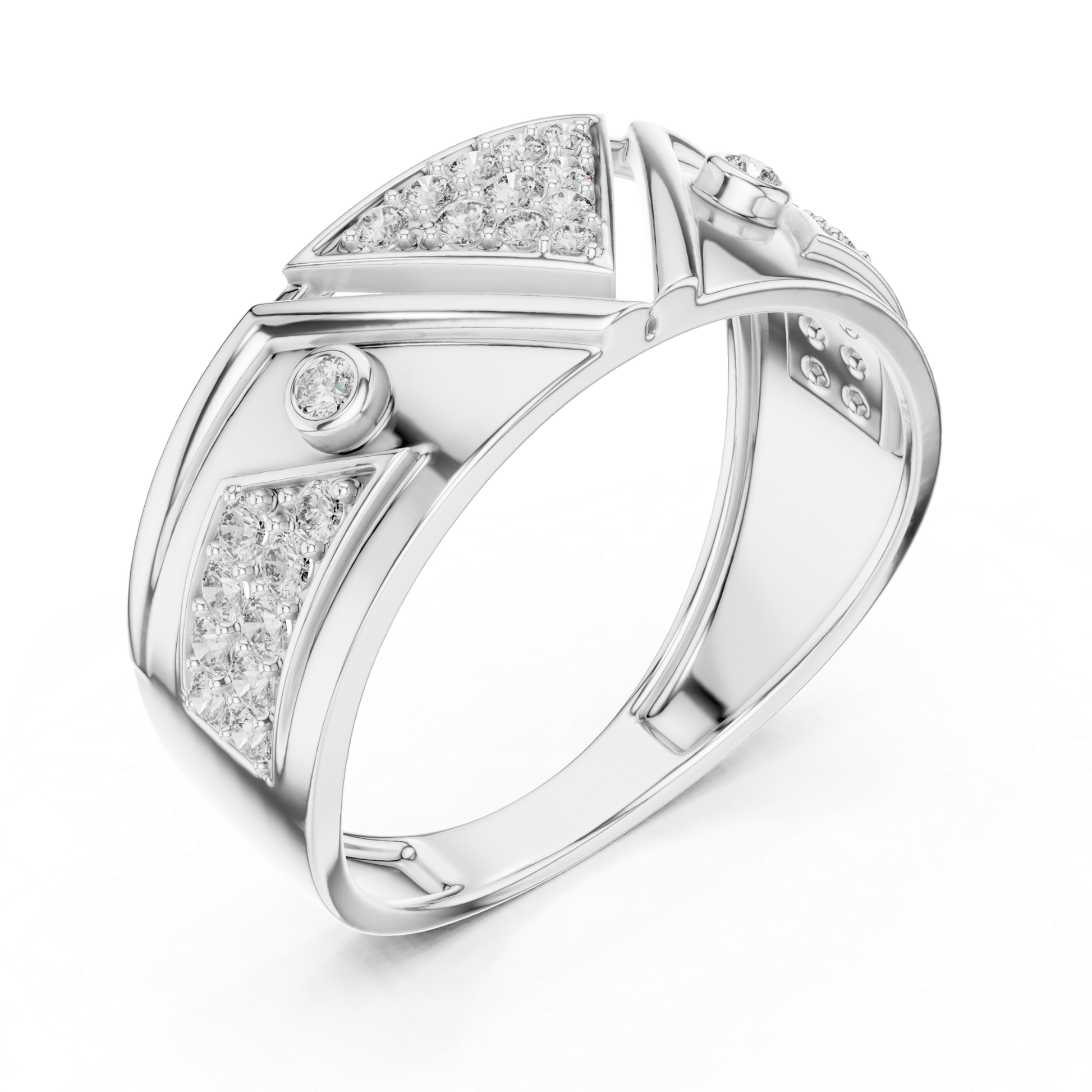 White gold triangle geometric diamond ring design
Modern white gold angular diamond statement ring
White gold abstract triangle cluster diamond ring
Contemporary white gold geometric fashion band ring
White gold wide band with triangle diamonds
Luxury white gold architectural diamond ring style
White gold polished geometric statement band ring
Bold white gold triangle diamond fashion ring
Elegant white gold abstract geometric ring design
White gold modern triangle cluster diamond band
