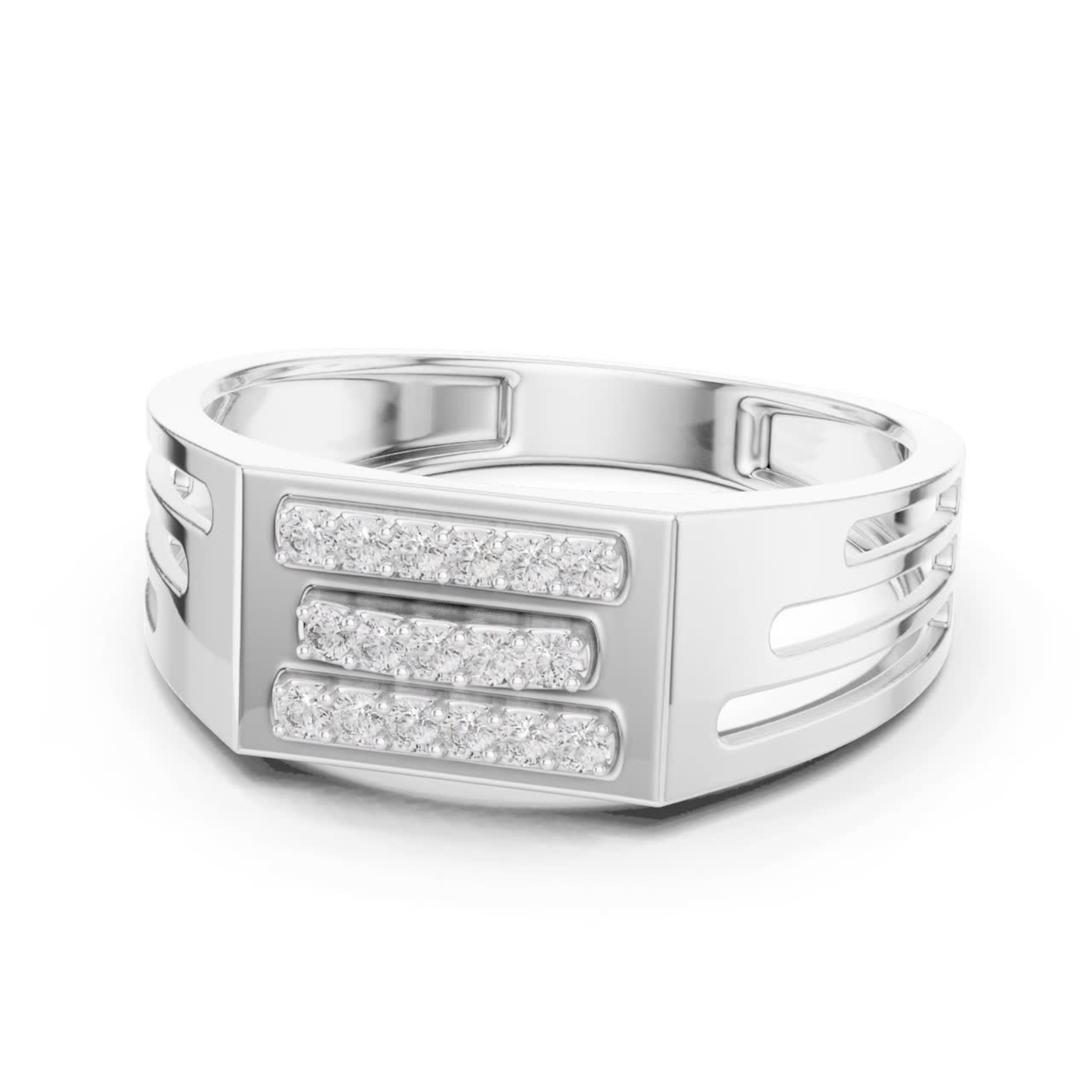 White gold triple row round diamond ring
Round diamond white gold statement band ring
White gold geometric diamond ring front view
Modern white gold triple diamond row ring
Wide band white gold ring with diamonds
White gold designer ring with round diamonds
Contemporary white gold diamond band ring
White gold luxury triple row diamond ring
Bold white gold round diamond fashion ring
White gold structured diamond band design