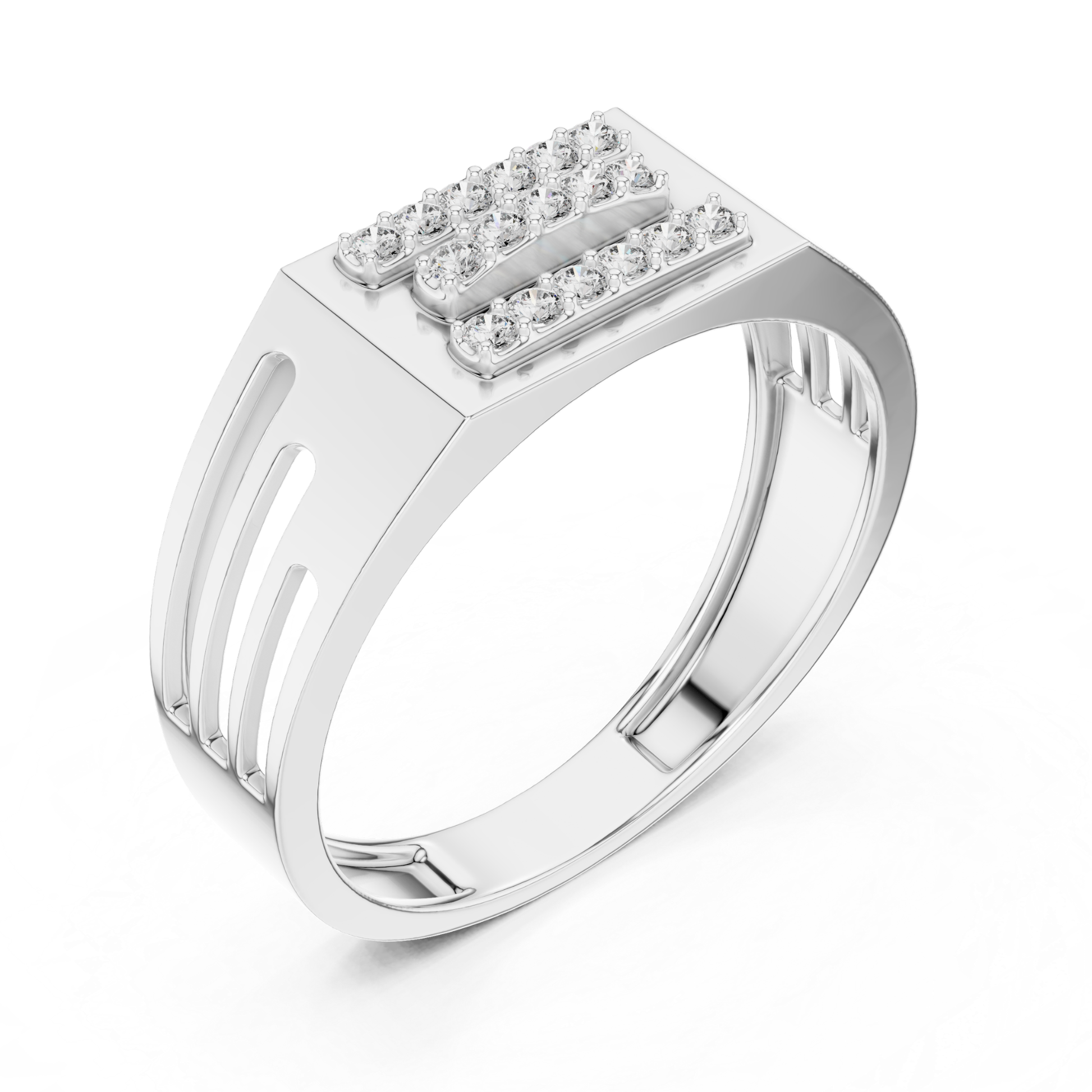 Angled view white gold triple row diamond ring
White gold round diamond ring perspective view
Triple row white gold statement diamond ring
Modern white gold geometric diamond band ring
Wide band white gold ring with round diamonds
White gold designer ring with triple diamond rows
Contemporary white gold diamond fashion ring
Luxury white gold triple row diamond ring
White gold structured band with round diamonds
Bold white gold diamond ring angled profile