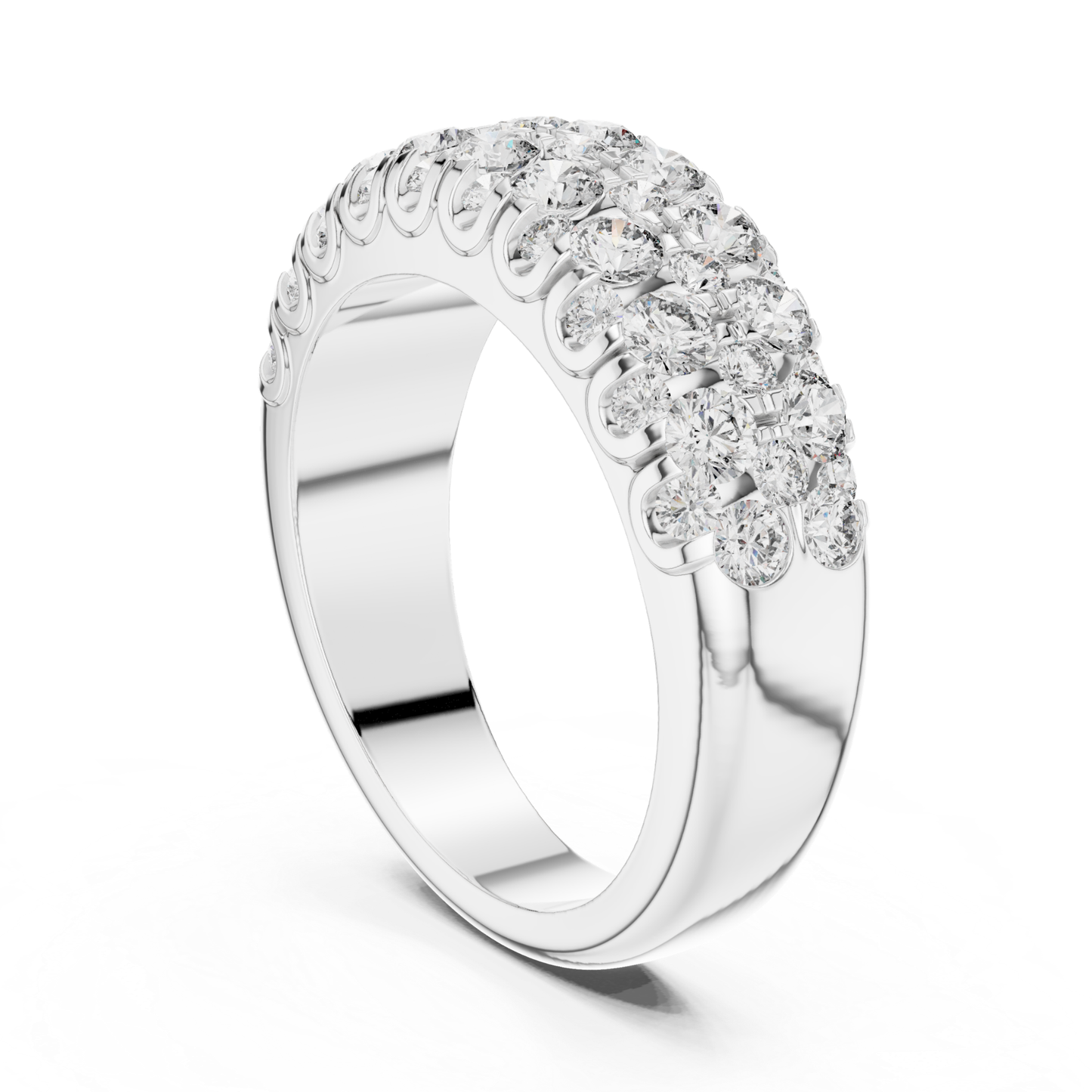 Vertical view white gold multi row diamond band ring
White gold round diamond band ring upright angle view
White gold diamond ring vertical perspective
Multi row white gold diamond ring with upright display
White gold luxury diamond band with vertical profile
White gold Pave diamond band ring vertical view
Wide white gold anniversary band with round diamonds
Upright white gold multi diamond fashion ring
White gold layered diamond band with standing angle
Bold white gold round diamond ring vertical display