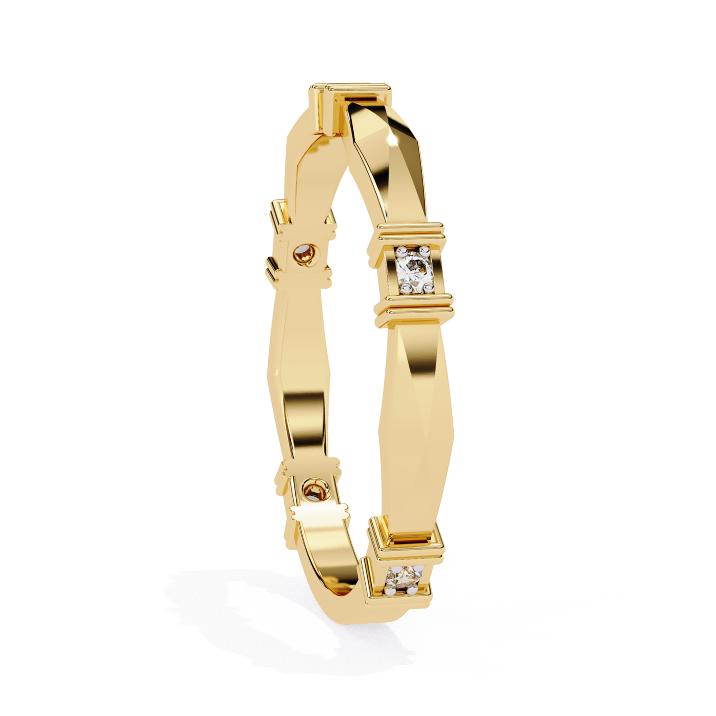 Close-up view of a yellow gold ring with clean geometric lines and diamond accents.