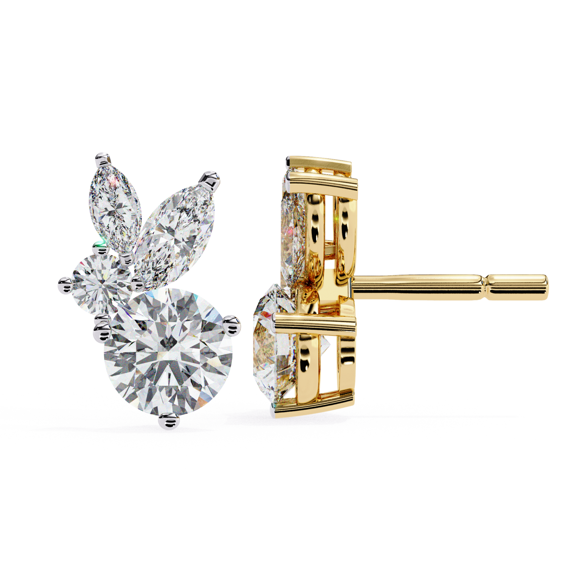Elegant yellow gold stud earrings featuring a stunning round diamond, surrounded by marquise diamonds for a sophisticated, timeless design.