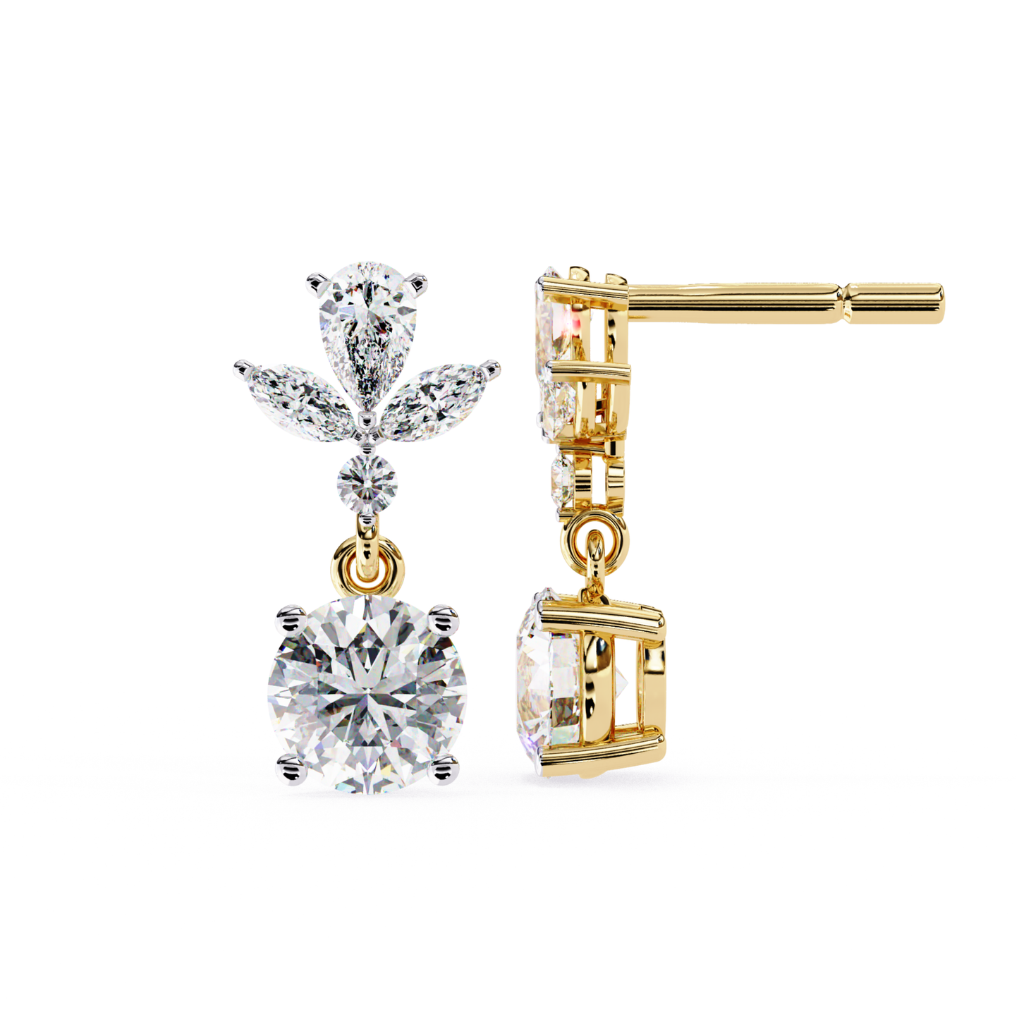  Exquisite yellow gold drop earrings featuring a stunning flower design with a brilliant round diamond centerpiece, enhanced by sparkling pear-shaped diamonds for a luxurious touch.