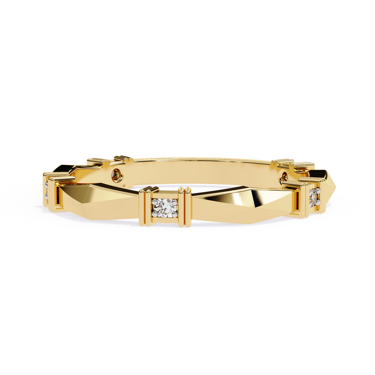 Yellow gold ring with square diamonds arranged in a modern pattern.