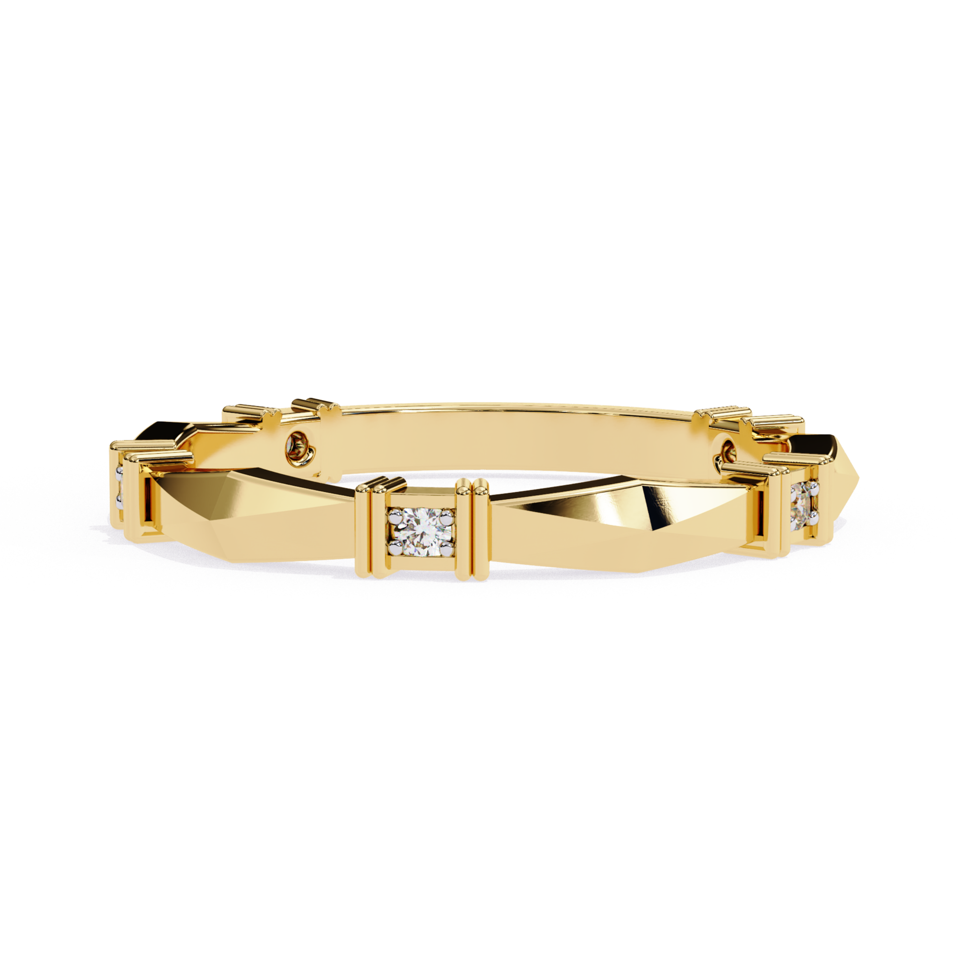 Yellow gold ring with square diamonds arranged in a modern pattern.