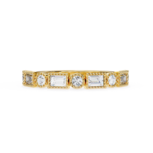 Close-Up Of Yellow Gold Diamond Band Featuring Rectangular And Round Stones