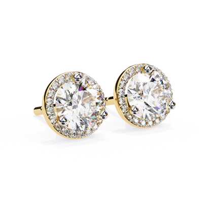 Yellow gold stud earrings with round diamond and halo edge