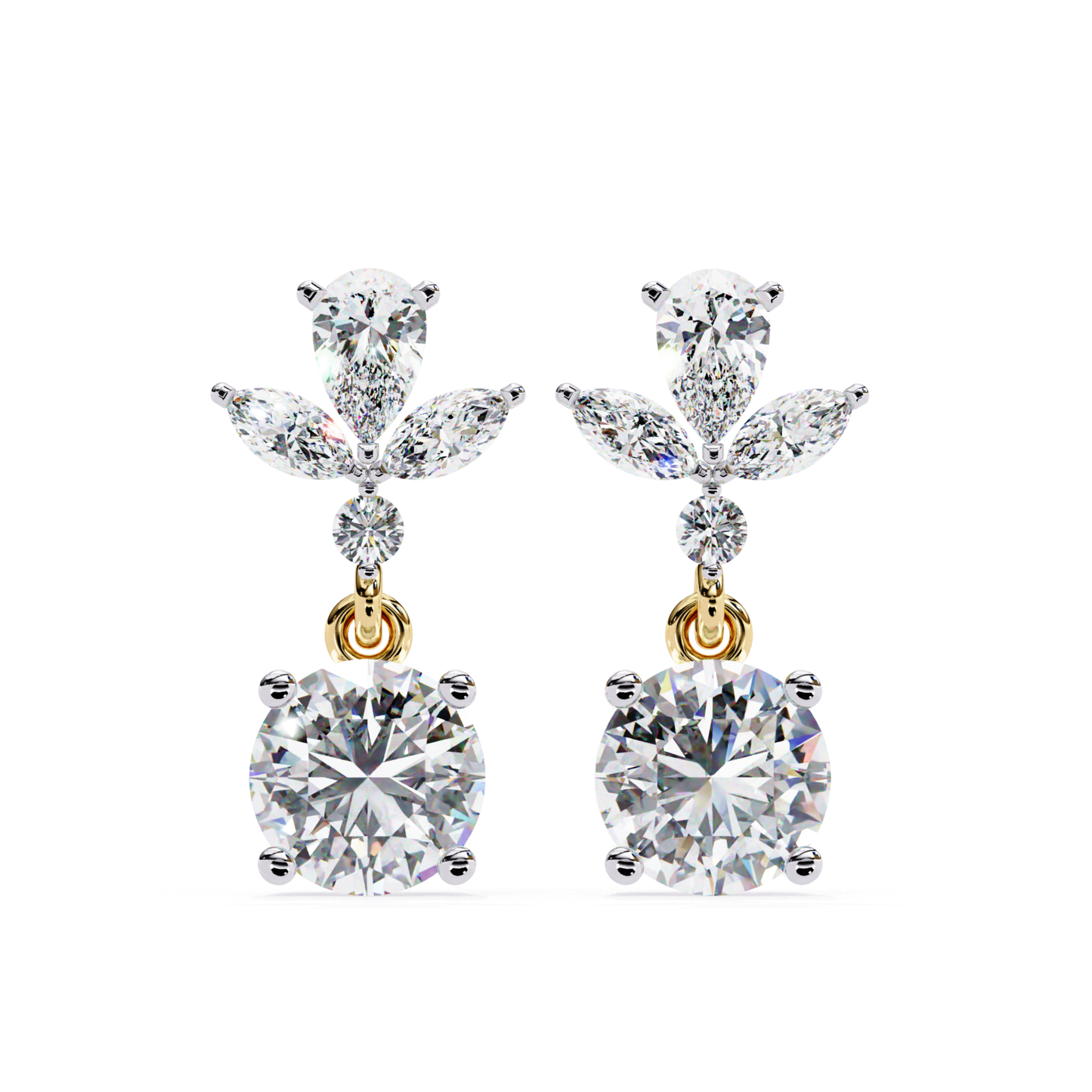 Stunning yellow gold earrings featuring a brilliant round diamond in a teardrop shape, enhanced with pear and marquise diamonds, creating a luxurious, timeless design.