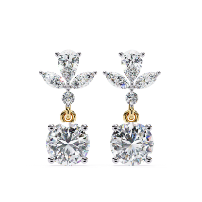 Stunning yellow gold earrings featuring a brilliant round diamond in a teardrop shape, enhanced with pear and marquise diamonds, creating a luxurious, timeless design.