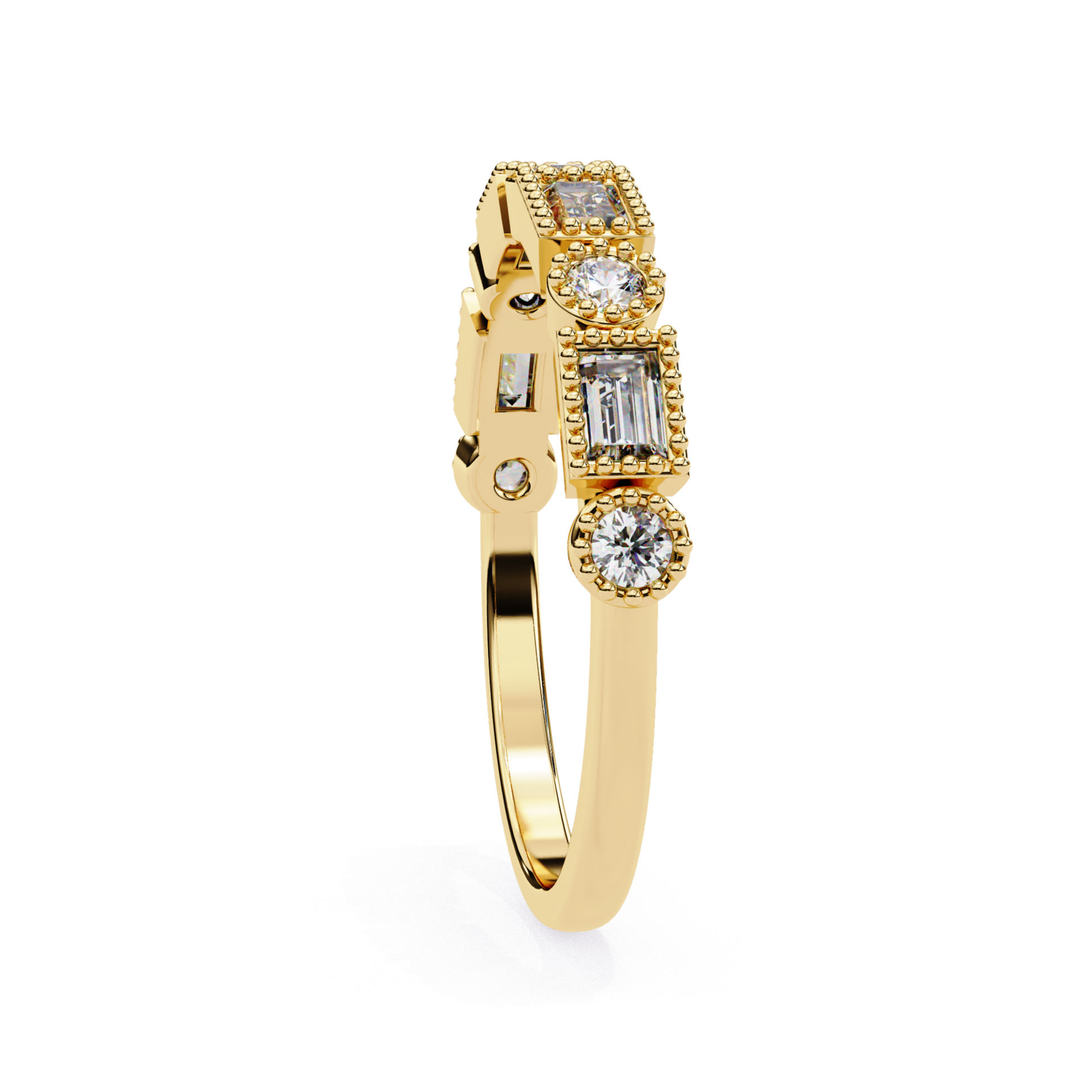 Yellow Gold Diamond Ring With Geometric Shapes And Sparkling Stones Viewed From Front Angle