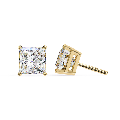 Radiant Cut Diamond Stud Earrings In Yellow Gold Four Prong Setting