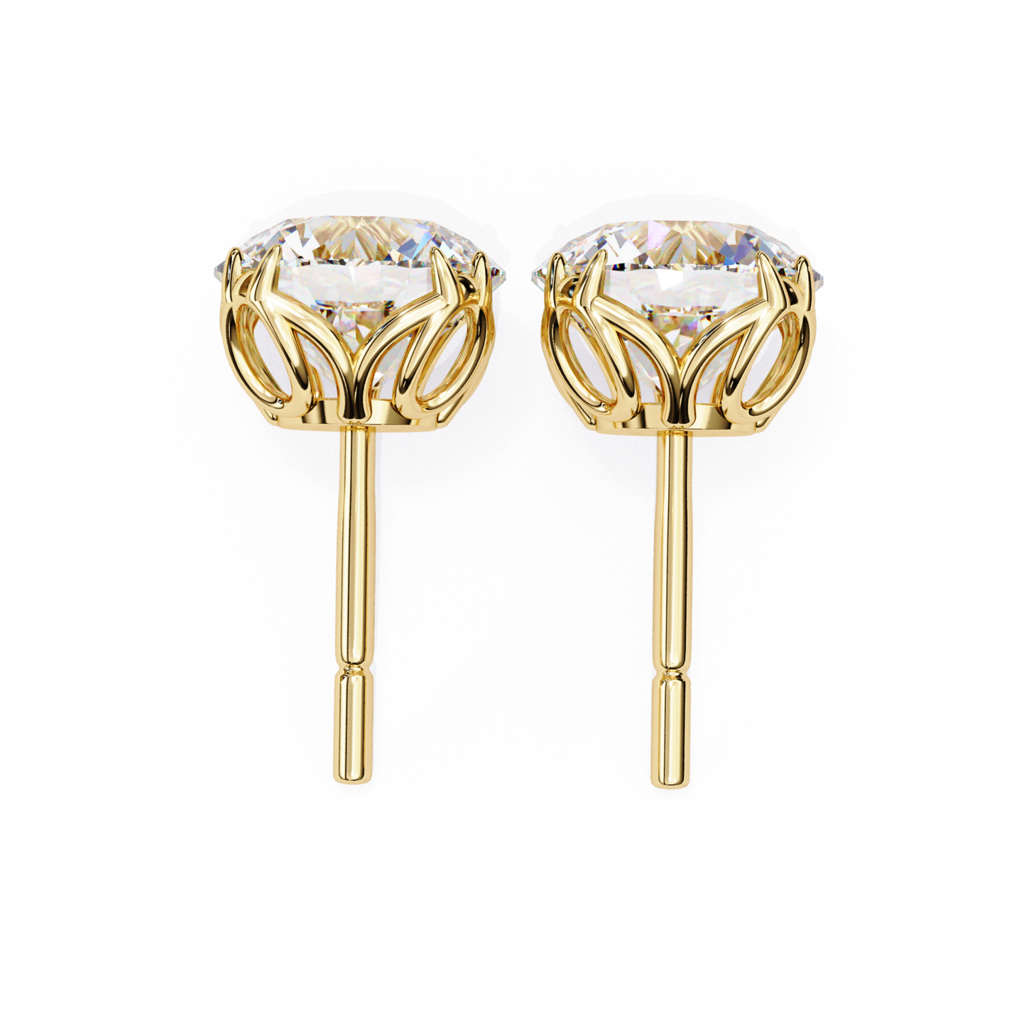 Yellow gold round diamond stud earring with open basket view