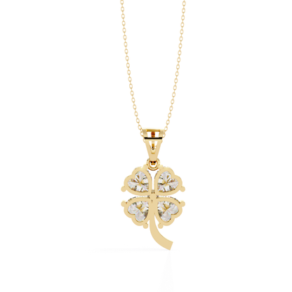 Yellow gold flower necklace back view with round diamonds
