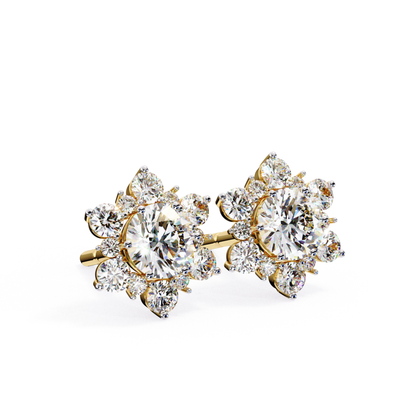 Yellow gold round diamond stud earrings with multiple accent stones