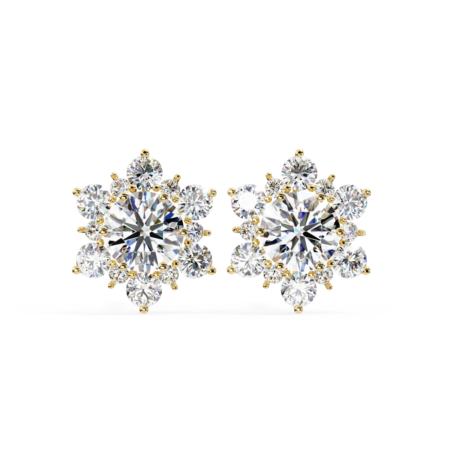 Yellow gold round diamond stud earrings with surrounding round stones