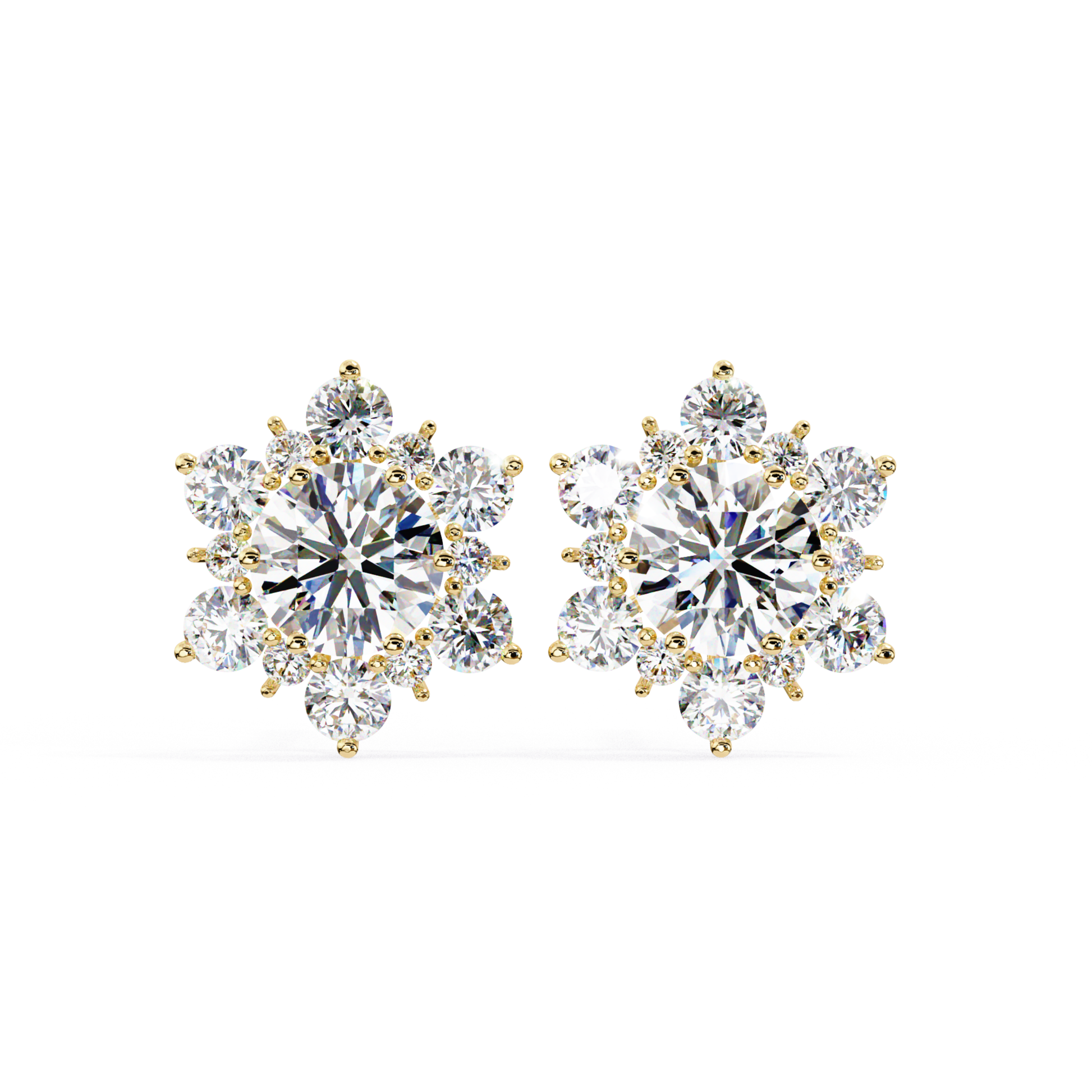 Yellow gold round diamond stud earrings with surrounding round stones