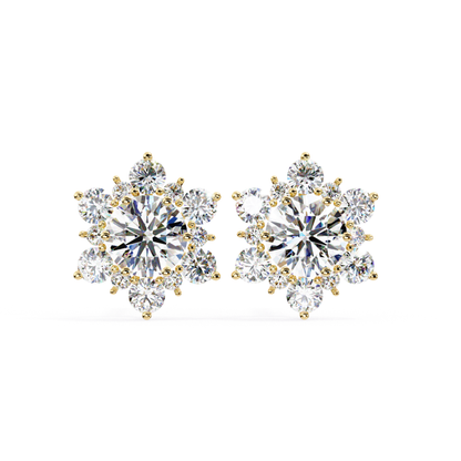 Yellow gold round diamond stud earrings with surrounding round stones