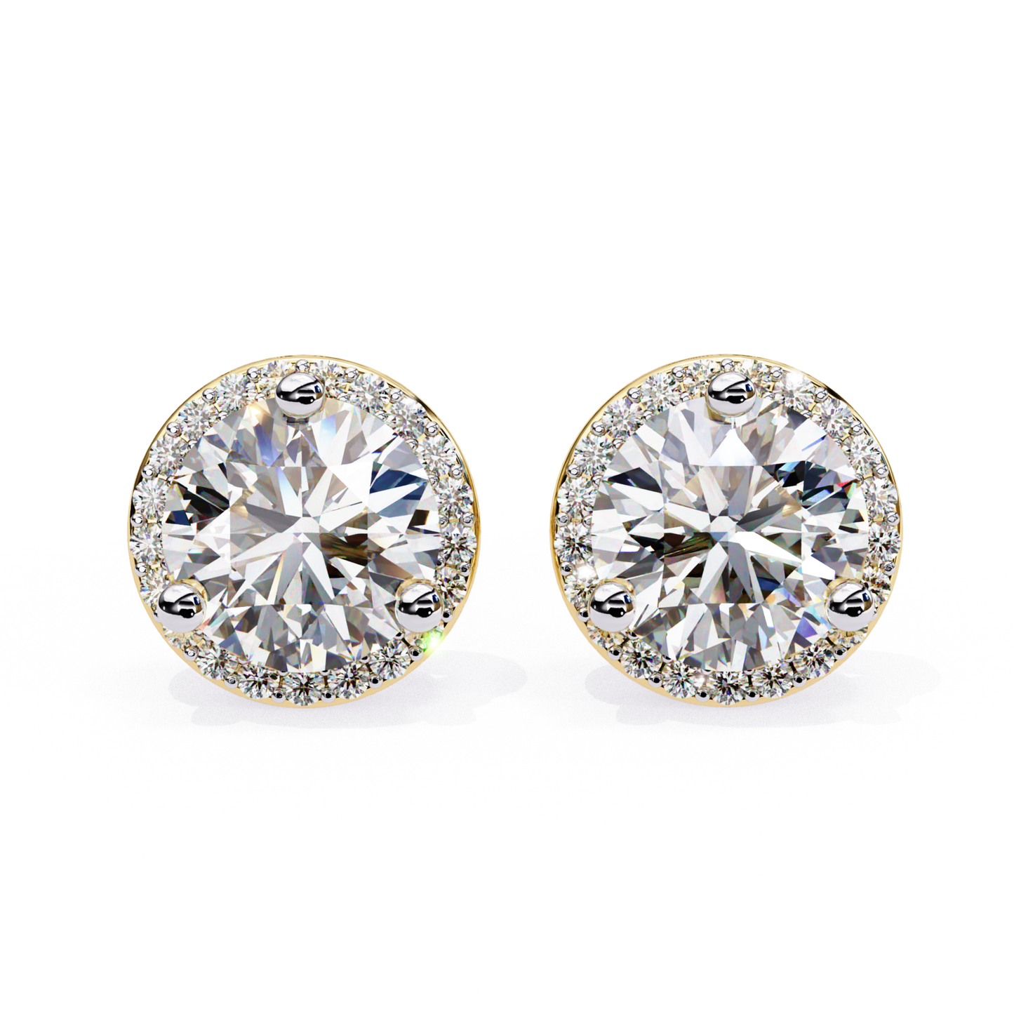 Yellow gold round diamond stud earrings with halo setting