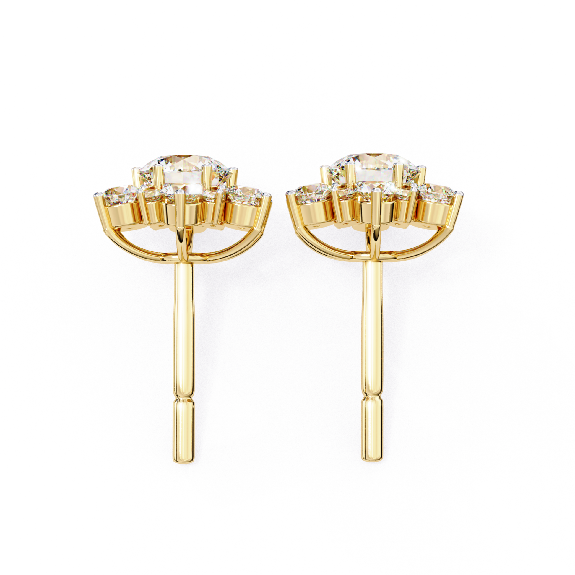 Back view of yellow gold round diamond stud earrings with secure post