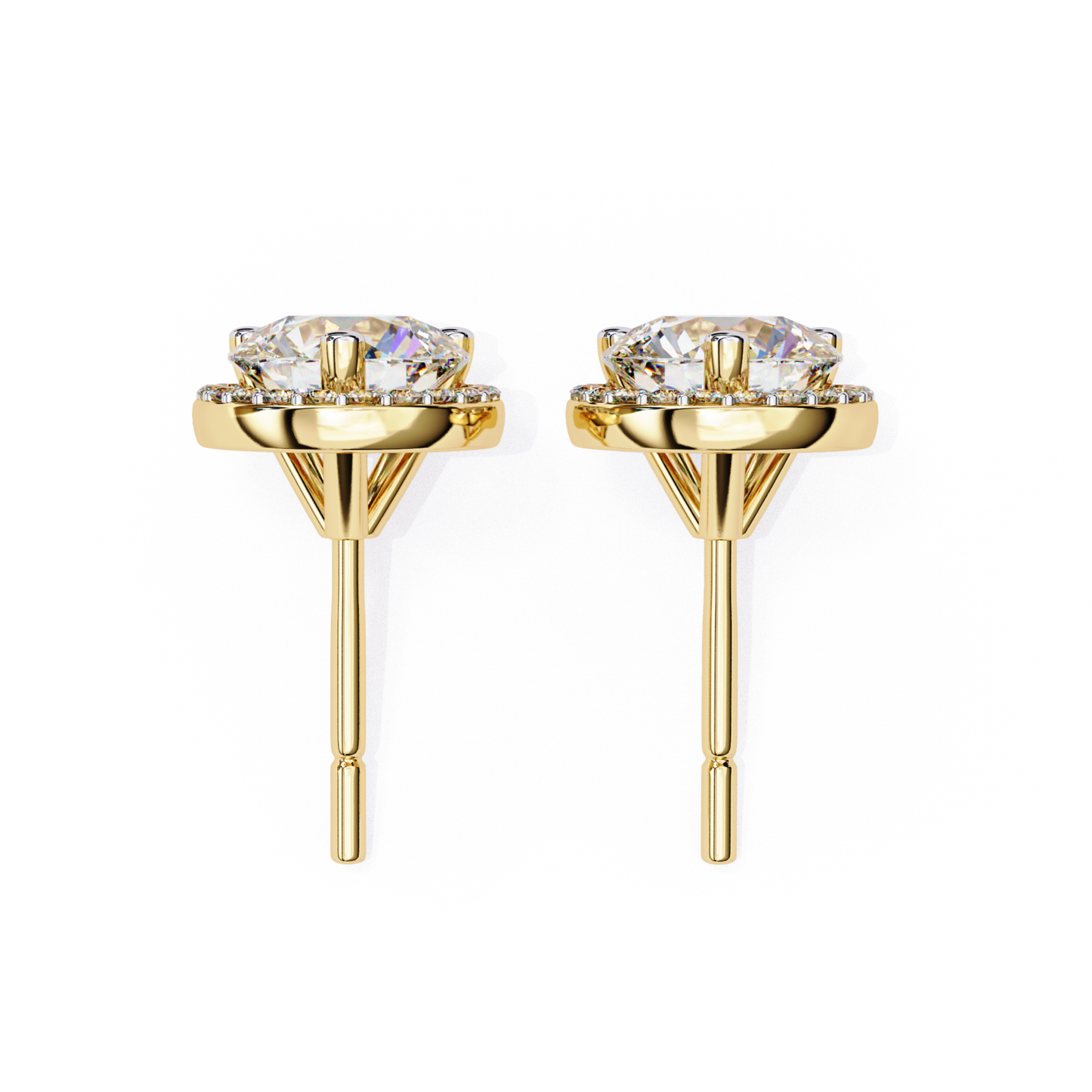 Side view of yellow gold round diamond stud earrings with halo mount