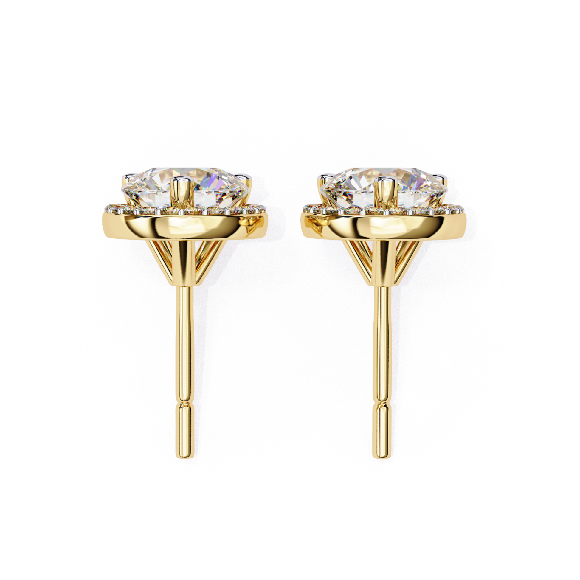 Side view of yellow gold round diamond stud earrings with halo mount