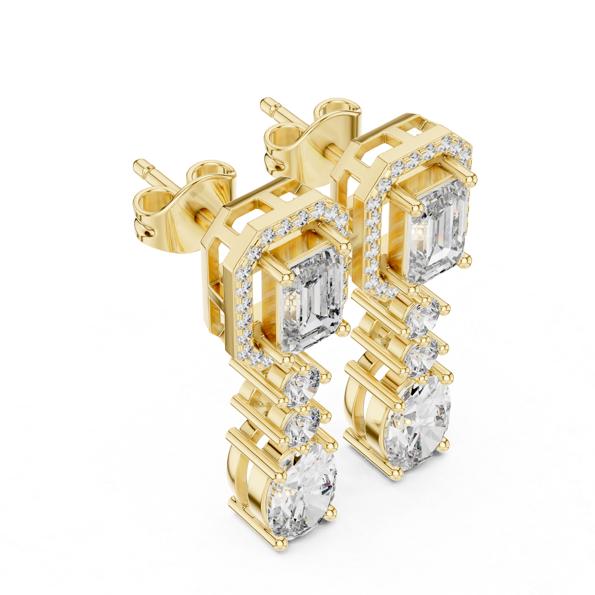 Angled view diamond drop earrings in yellow gold
Yellow gold emerald halo diamond dangle earrings angle view
Oval diamond drop earrings with emerald cut top
Luxury yellow gold geometric diamond earrings
Emerald and oval diamond drop earrings side angle
Yellow gold multi stone diamond dangle earrings
Angled profile lab diamond drop earrings
Elegant yellow gold statement diamond earrings
Emerald halo top with oval diamond drops
Yellow gold prong set diamond drop earrings