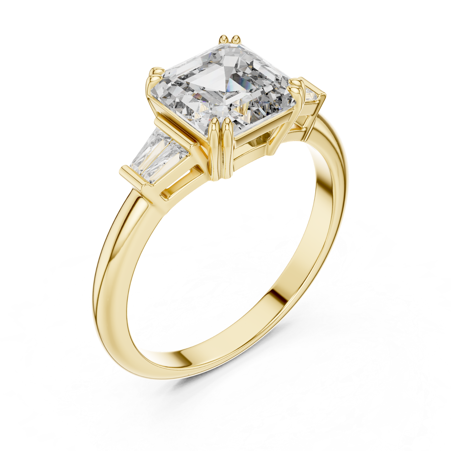 Yellow gold Asscher cut diamond ring perspective view
Asscher cut diamond ring with trillion side stones
Yellow gold three stone diamond engagement ring
Angled perspective of Asscher cut diamond ring
Yellow gold ring with polished tapered band
Asscher cut diamond ring with raised setting
Lab grown Asscher diamond ring in yellow gold
Yellow gold ring with side accent diamonds
Elegant Asscher cut diamond three stone ring
Yellow gold diamond ring with cathedral setting