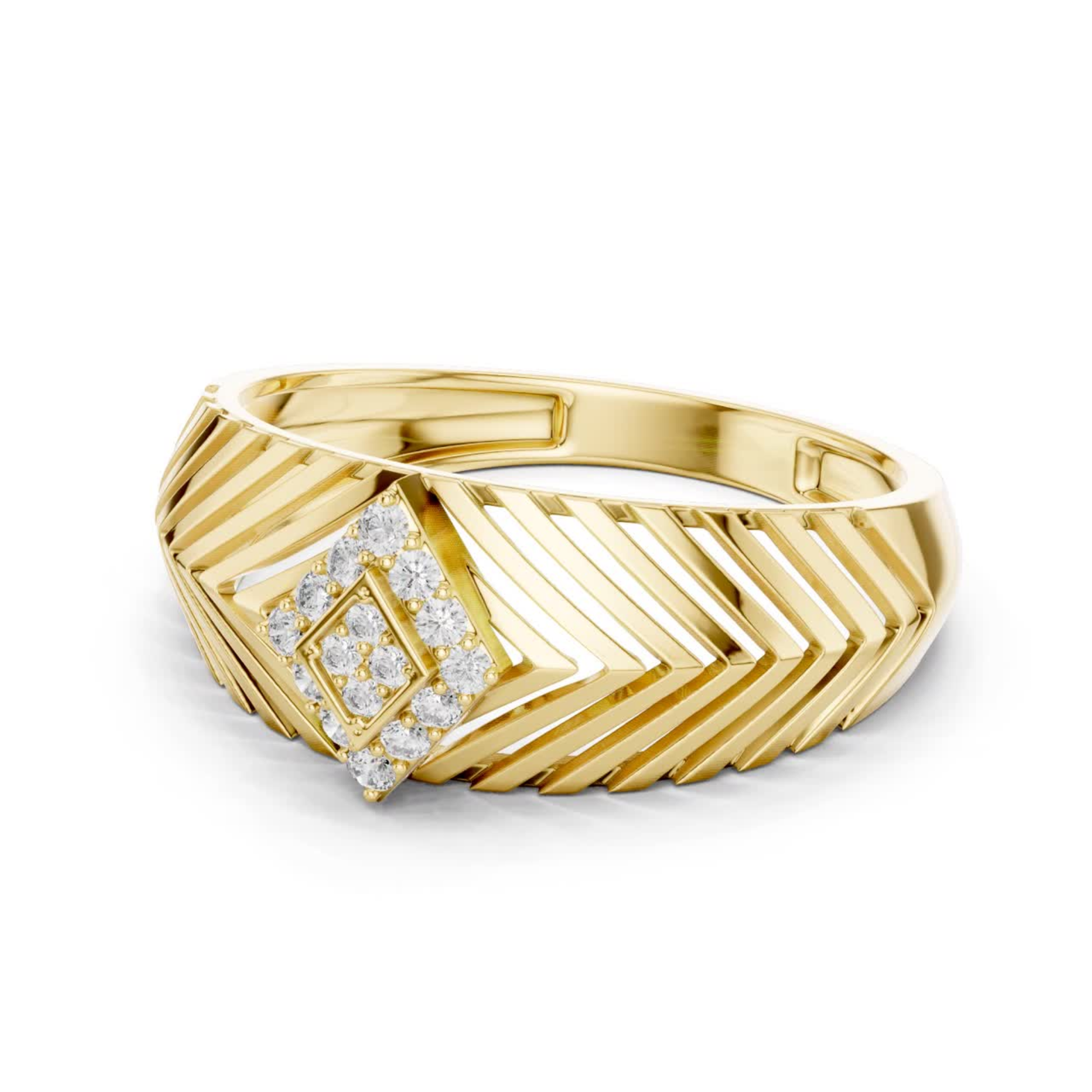 Yellow gold chevron diamond ring side view
Side profile yellow gold geometric diamond band
Yellow gold layered pattern diamond fashion ring
Modern yellow gold angular diamond band ring
Yellow gold Art Deco style diamond ring
Contemporary yellow gold textured band ring
Yellow gold round diamond chevron pattern ring
Elegant yellow gold geometric fashion band
Yellow gold open pattern diamond ring side angle
Round diamond yellow gold structured band ring