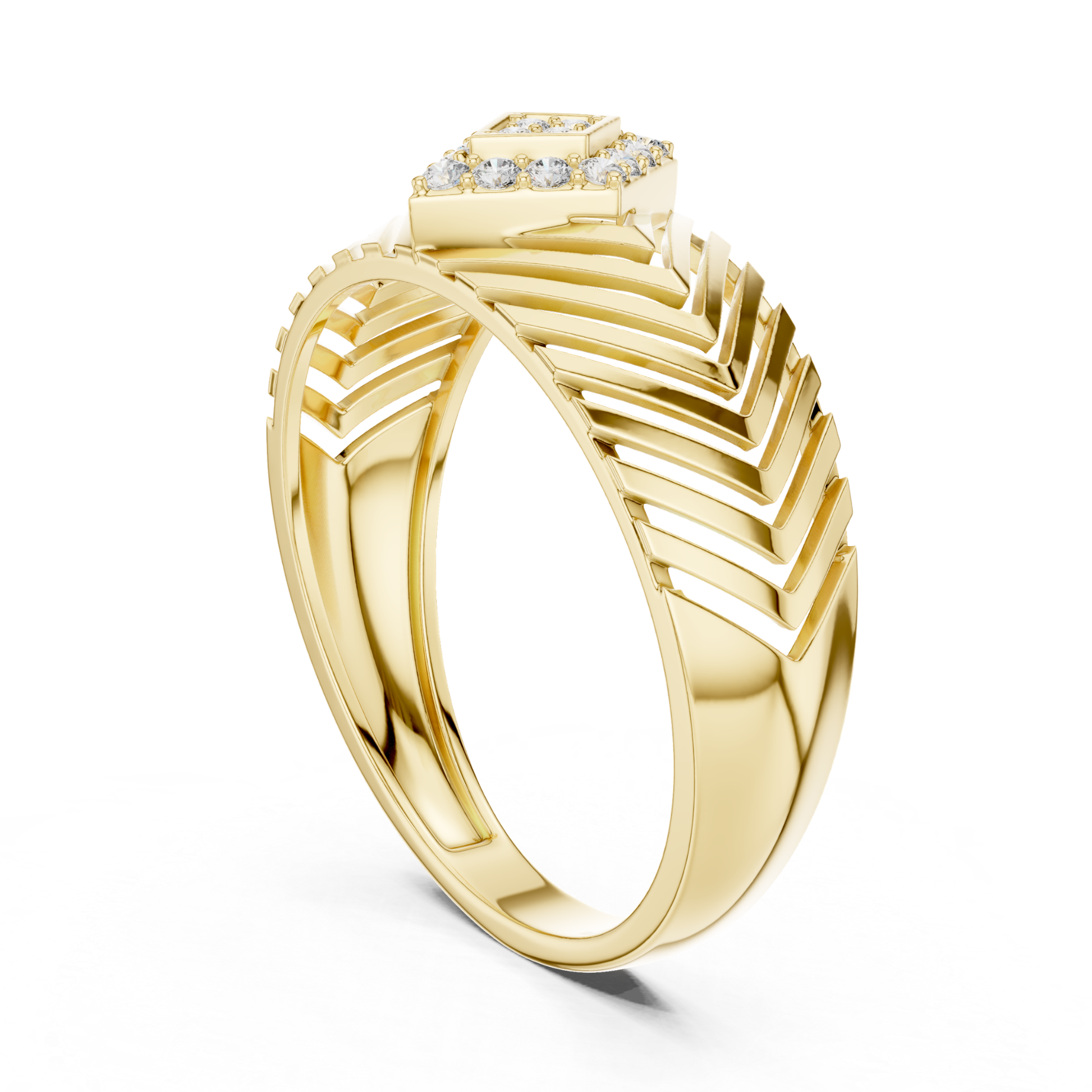 Yellow gold chevron pattern diamond ring side view
Side profile yellow gold layered fashion ring
Yellow gold geometric angled band ring
Modern yellow gold structured diamond ring
Yellow gold textured chevron style band
Contemporary yellow gold Art Deco ring
Yellow gold open pattern statement ring
Elegant yellow gold angular fashion band
Yellow gold round diamond side angle ring
Yellow gold layered geometric band design