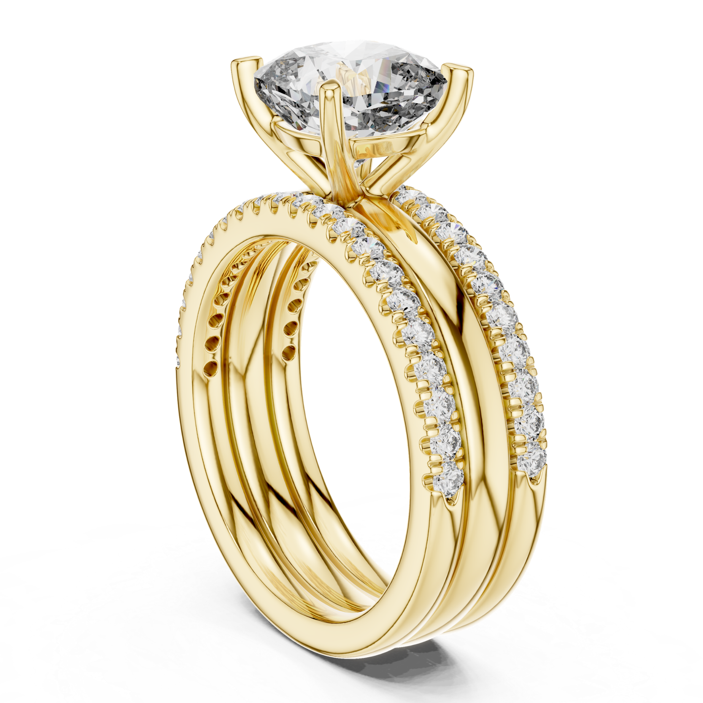 Yellow gold cushion cut diamond layered engagement ring
Side view cushion cut diamond pave ring
Yellow gold layered band diamond ring
Cushion cut solitaire ring with pave accents
Multi band yellow gold diamond engagement ring
Cushion diamond ring with curved layered shank
Yellow gold pave diamond stacked ring
Cushion cut diamond ring side profile view
Layered yellow gold bridal ring with diamonds
Pave diamond cushion cut engagement ring