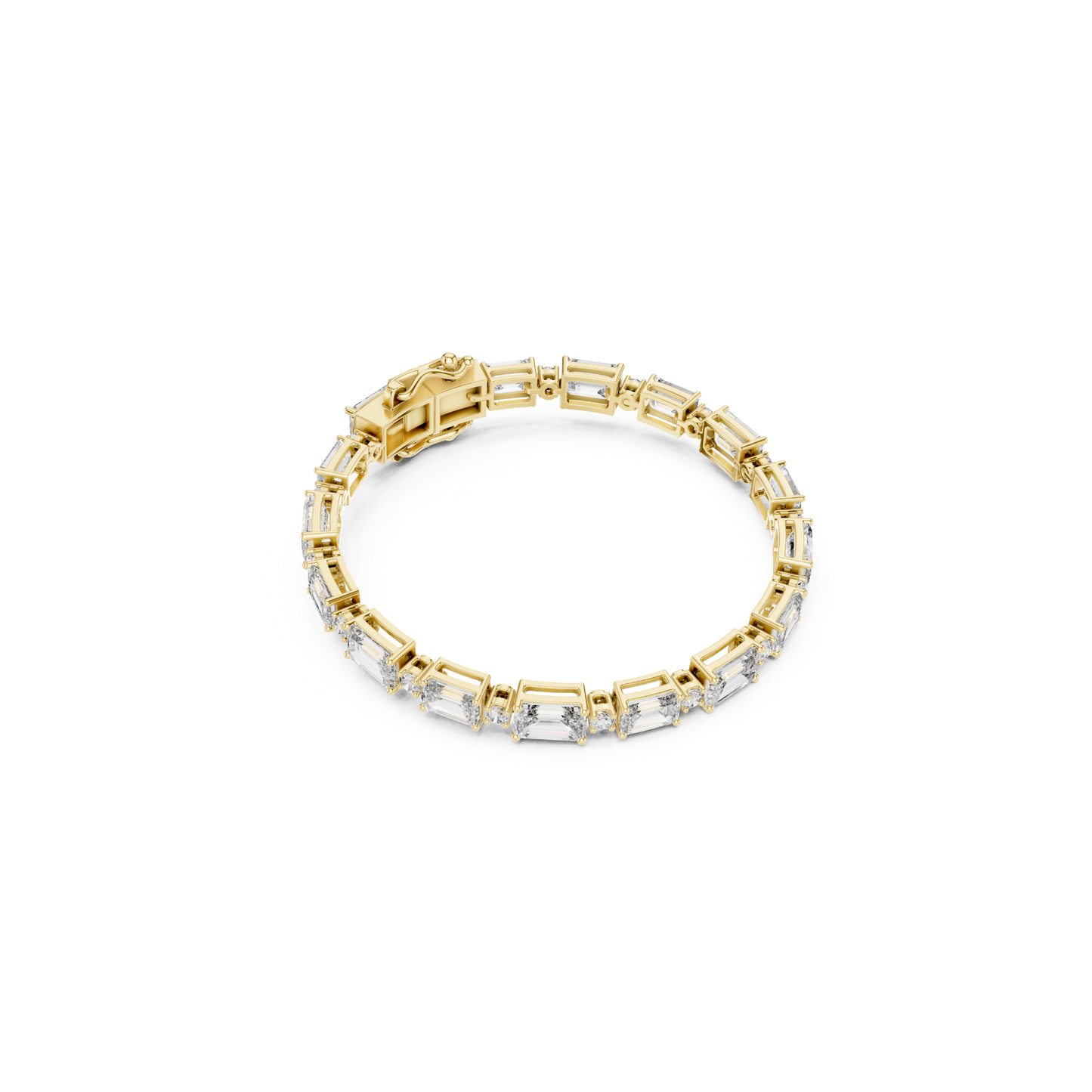 Top view yellow gold emerald and round diamond bracelet
Yellow gold tennis bracelet with emerald cut stones
Mixed shape diamond bracelet overhead view
Emerald and round diamond bracelet top angle
Yellow gold bracelet with step cut diamond pattern
Circular emerald and round diamond bracelet
Yellow gold geometric diamond tennis bracelet
Top profile mixed cut diamond bracelet
Emerald cut bracelet with round diamond accents
Yellow gold bracelet with emerald and round diamonds
