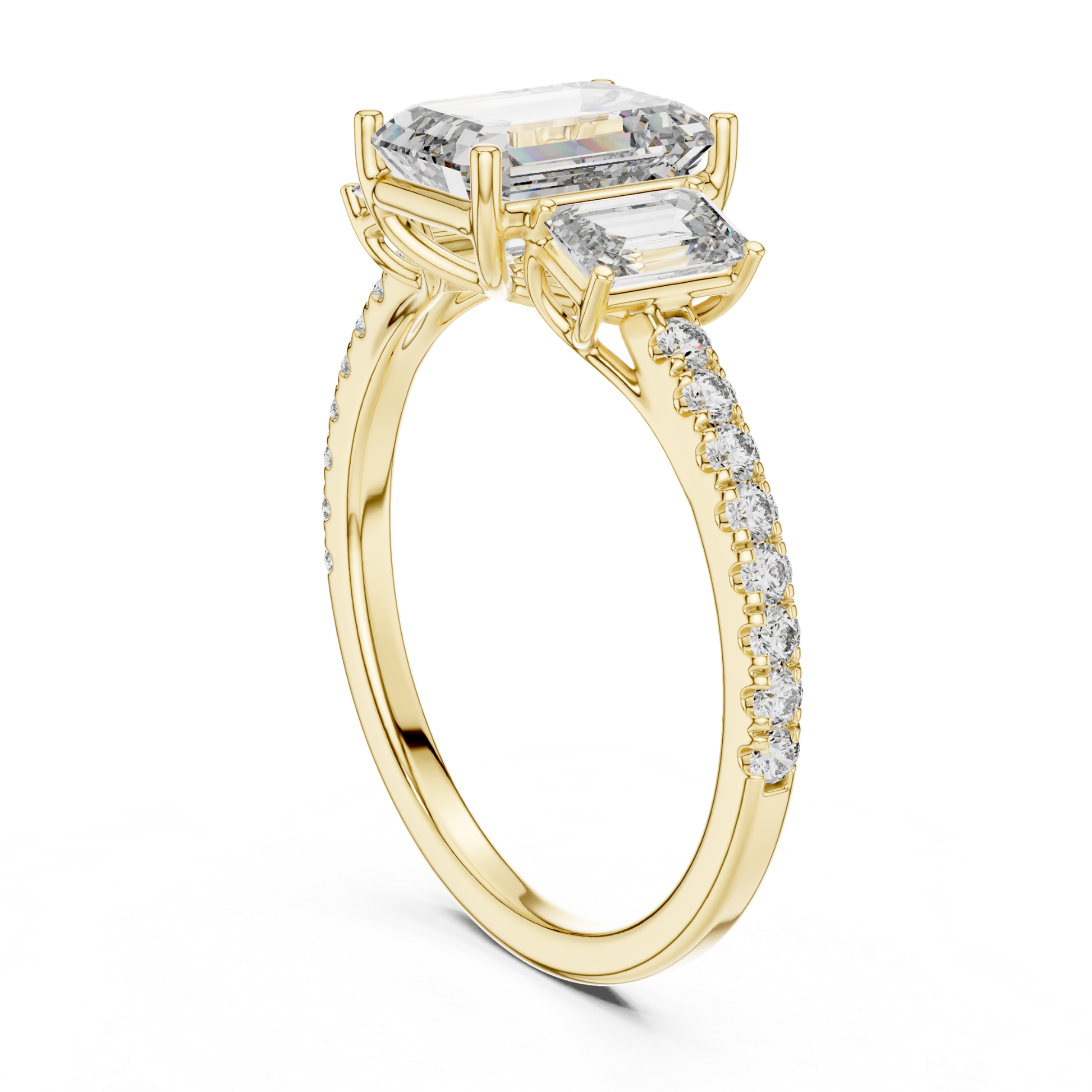 Back view of emerald cut three stone diamond ring
Yellow gold emerald diamond ring rear profile view
Emerald cut diamond ring with side stones back view
Yellow gold three stone diamond ring gallery view
Rear view of emerald cut diamond ring in yellow gold
Yellow gold emerald diamond ring with pave band back angle
Three stone emerald cut ring side gallery in yellow gold
Yellow gold diamond ring showing basket setting
Emerald cut diamond engagement ring rear perspective view
Yellow gold ring with emerald cut