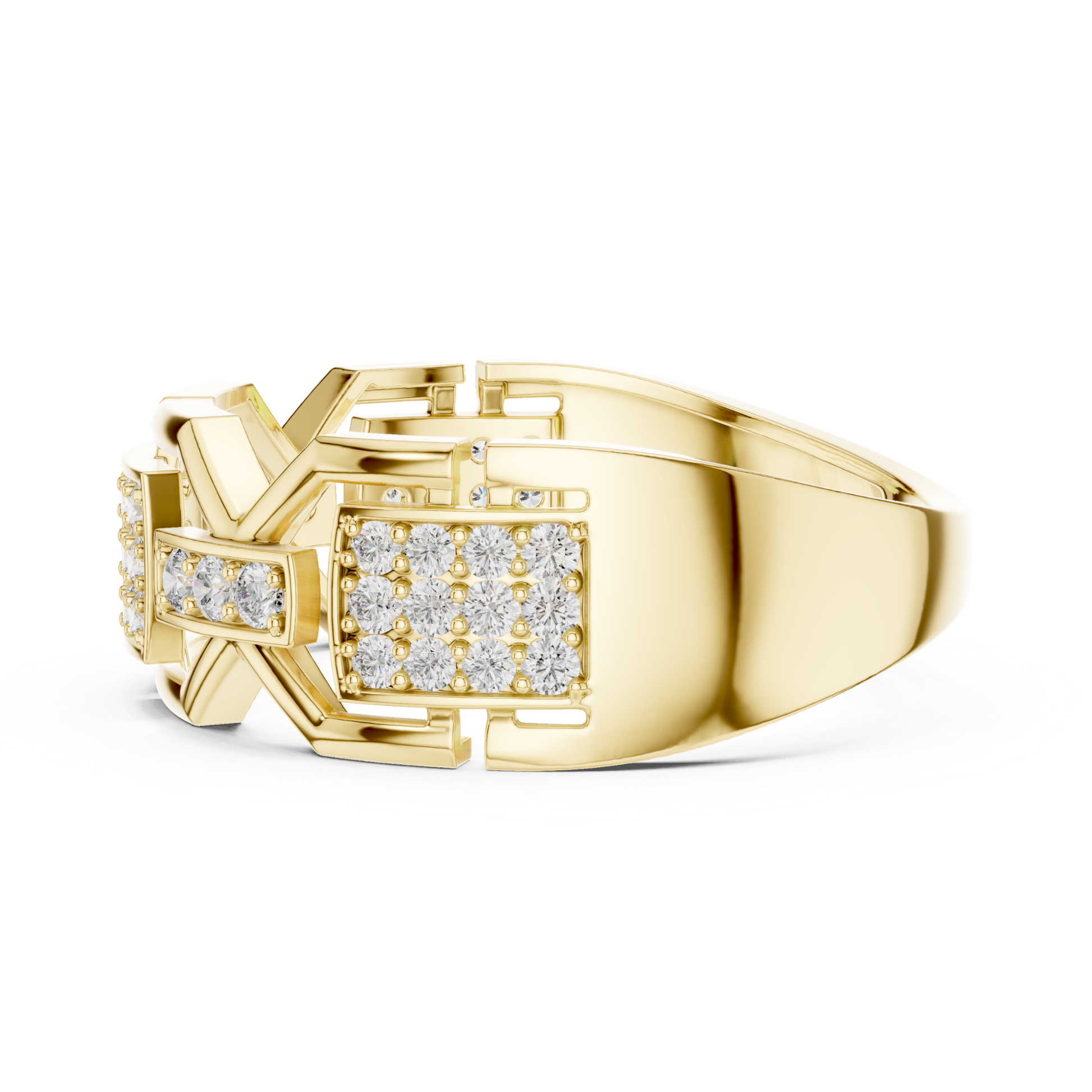 Yellow gold geometric diamond band side profile
Side angle yellow gold abstract diamond ring
Modern yellow gold geometric statement band ring
Yellow gold layered cluster diamond ring side
Contemporary yellow gold architectural diamond ring
Yellow gold open frame diamond band design
Luxury yellow gold geometric fashion ring profile
Bold yellow gold modern diamond ring side view
Yellow gold polished geometric cluster band ring
Elegant yellow gold statement diamond band side