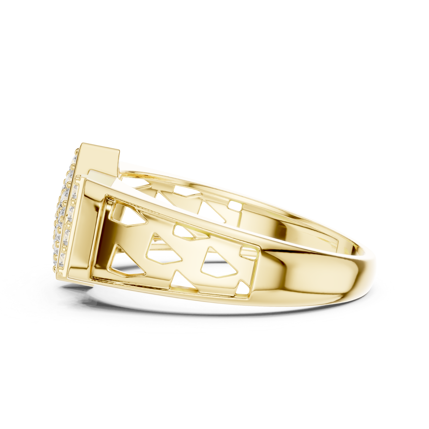 Yellow gold geometric diamond ring side profile
Side profile of diamond cluster ring in yellow gold
Yellow gold statement ring with open band detail
Polished yellow gold ring with geometric side design
Round cut diamond ring with polished gold band
Yellow gold fashion ring with raised cluster side
Elegant side profile of yellow gold diamond ring
Modern yellow gold geometric ring with open profile
Luxury yellow gold ring with polished side finish
Yellow gold multi diamond ring with tapered band