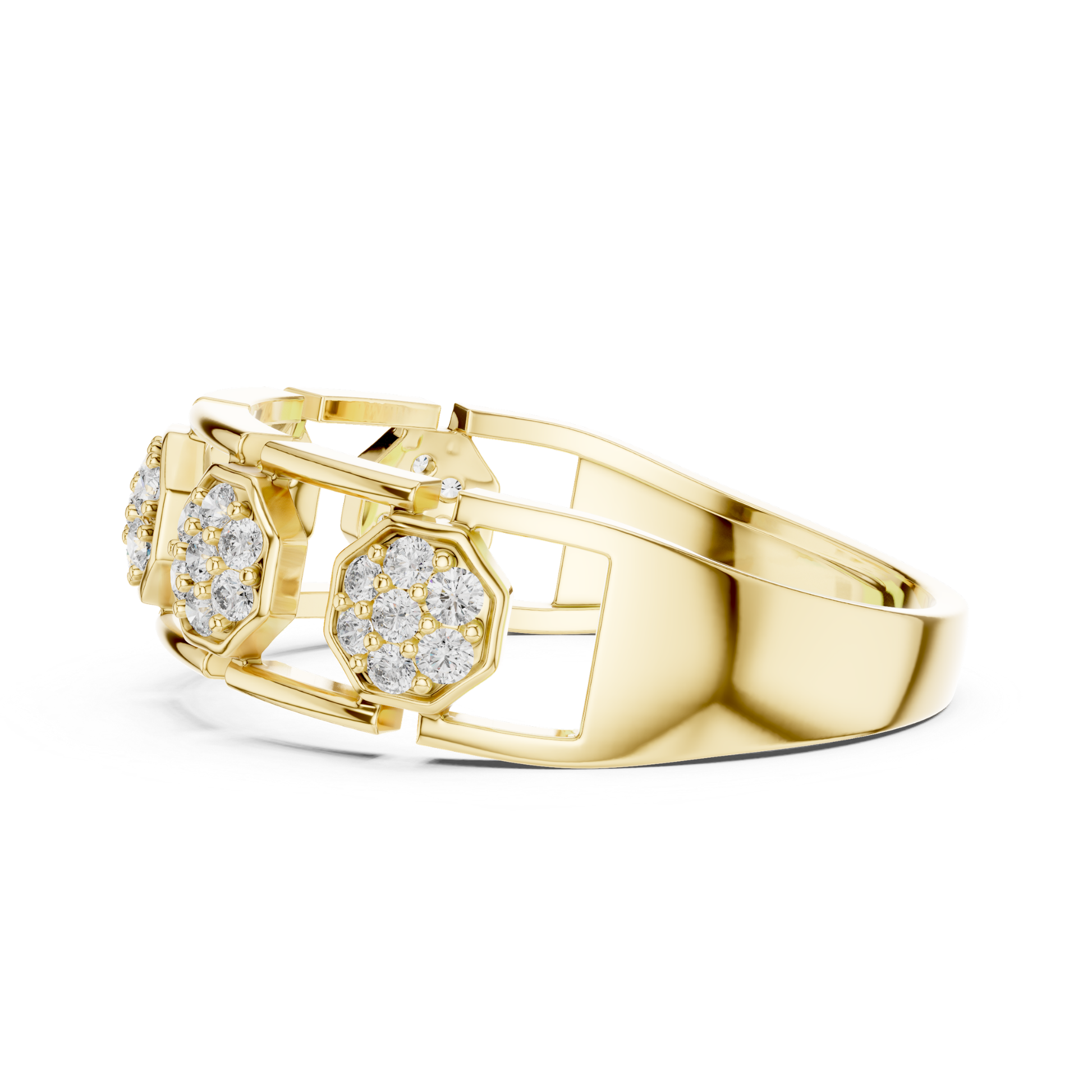 Yellow gold hexagon diamond link ring side view
Side profile yellow gold geometric cluster ring
Yellow gold open link diamond band ring
Modern yellow gold hexagon motif fashion ring
Yellow gold connected diamond station ring
Contemporary yellow gold openwork band ring
Yellow gold structured hexagon diamond ring
Elegant yellow gold geometric link band
Round diamond yellow gold designer ring profile
Yellow gold architectural diamond fashion ring