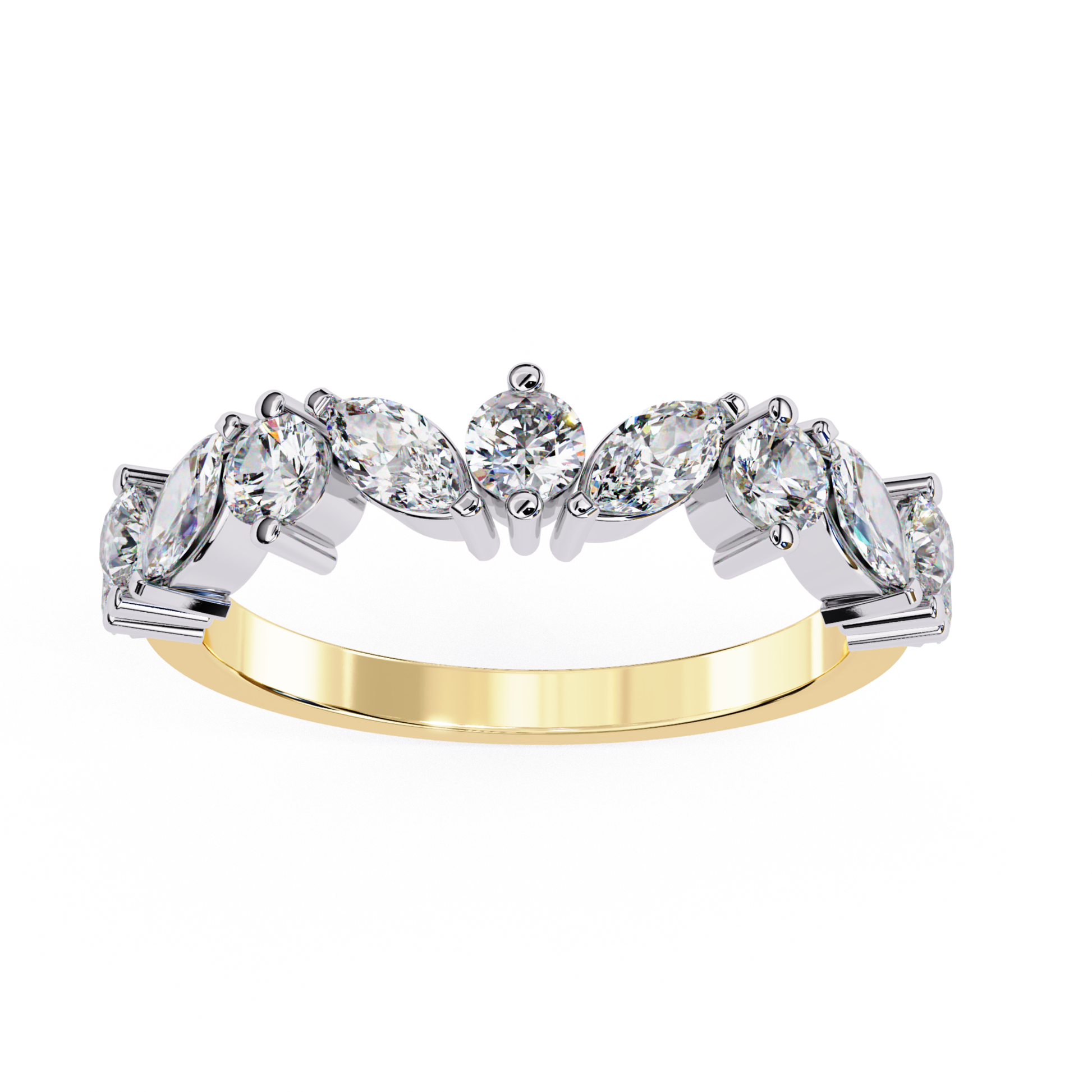Yellow gold diamond ring front
Marquise and round diamond band
Diamond curve ring front view
Yellow gold diamond arc band
Marquise center diamond ring
Round diamond side cluster ring
Yellow gold mixed diamond ring
Diamond crown style band
Marquise diamond front setting
Yellow gold diamond top view