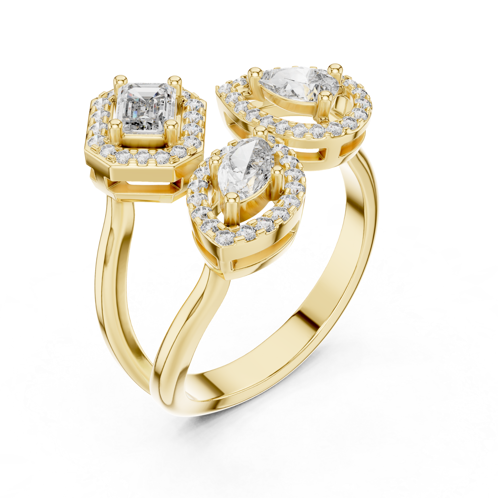 Yellow gold multi shape diamond halo ring
Yellow gold emerald and marquise diamond ring
Multi stone halo diamond ring in yellow gold
Yellow gold diamond cluster ring angled view
Mixed shape diamond halo ring yellow gold
Yellow gold three stone diamond halo ring
Open design diamond halo ring yellow gold
Yellow gold statement diamond ring
Halo diamond ring with mixed cuts
Yellow gold diamond ring perspective view