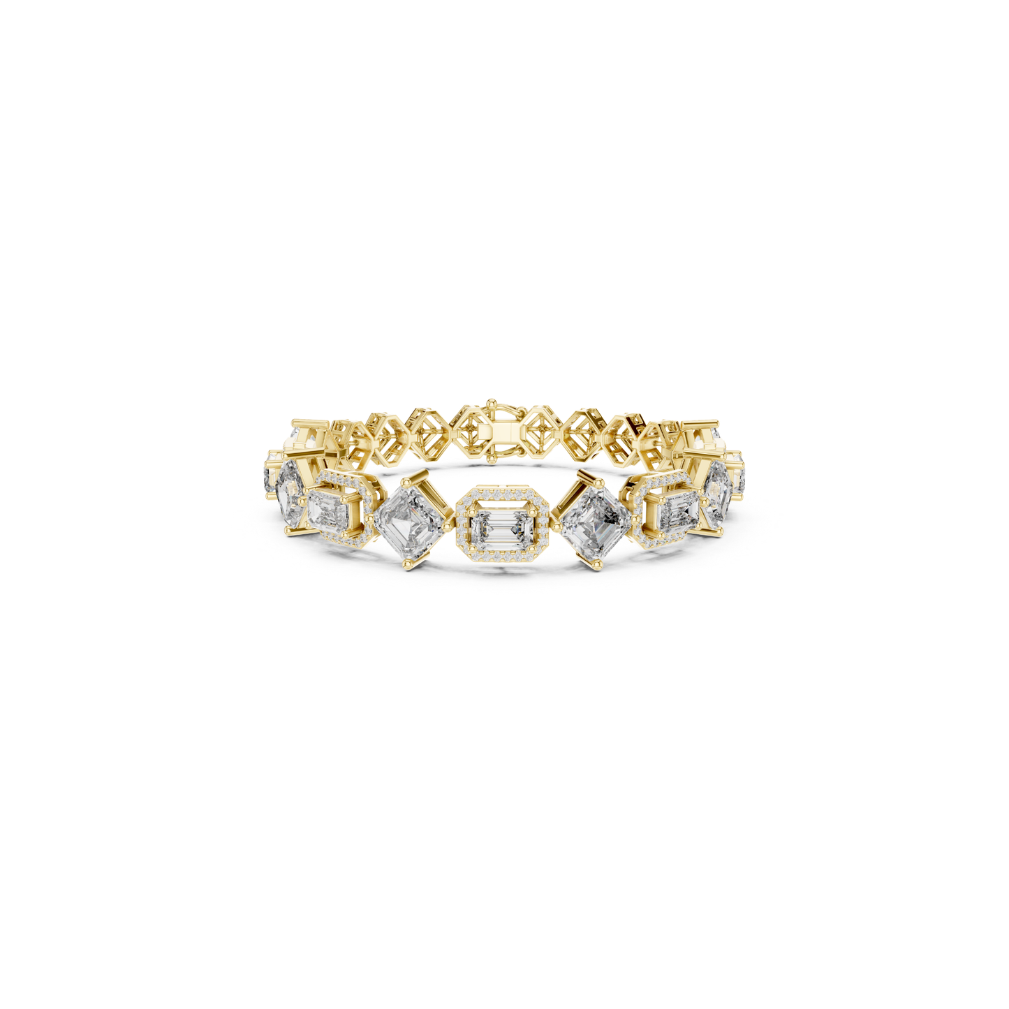 Yellow gold multi shape diamond halo tennis bracelet
Fancy cut diamond tennis bracelet in yellow gold
Asscher and emerald cut diamond bracelet design
Luxury yellow gold bracelet with halo diamonds
Geometric diamond tennis bracelet for women
Yellow gold statement bracelet with fancy diamonds
Elegant mixed shape diamond bracelet jewelry
Premium diamond bracelet with halo settings
Modern yellow gold diamond tennis bracelet
Fine jewelry multi cut diamond bracelet