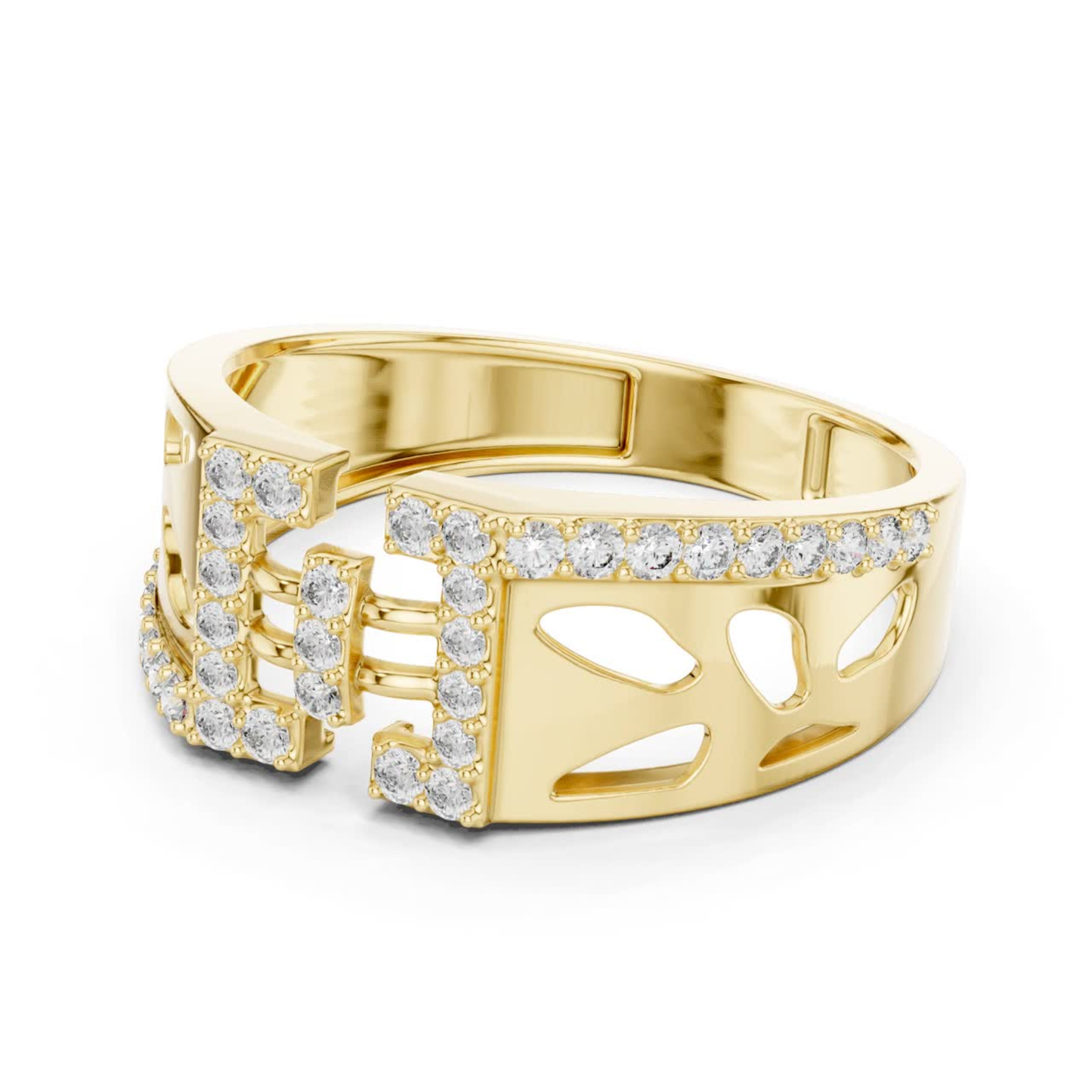 Yellow gold openwork diamond ring side view
Side angle yellow gold geometric diamond ring
Yellow gold open design band with diamonds
Modern yellow gold statement ring profile
Contemporary yellow gold diamond band side view
Yellow gold luxury openwork ring with diamonds
Elegant yellow gold fashion ring with diamonds
Yellow gold designer geometric band profile
Bold yellow gold open style diamond ring
Yellow gold modern diamond statement band