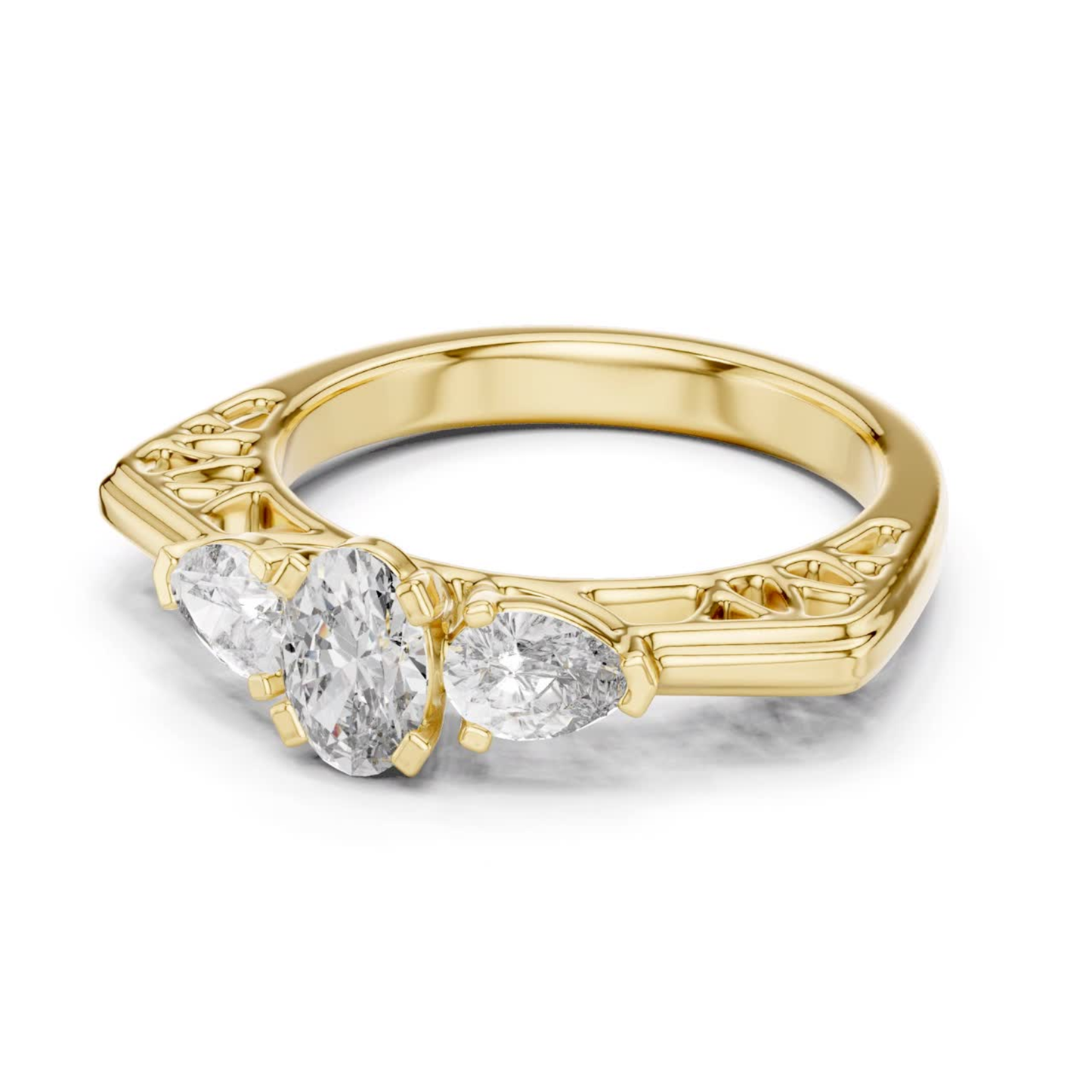 Yellow gold oval cut diamond ring front view
Three stone pear side diamond ring yellow gold
Oval center diamond ring with pear sides yellow gold
Front angle yellow gold three stone diamond ring
Yellow gold engagement ring oval cut center stone
Pear side diamond ring yellow gold setting
Oval cut diamond ring yellow gold close view
Yellow gold ring with three stone design
Side view oval cut diamond ring yellow gold
Minimal three stone diamond ring yellow gold
