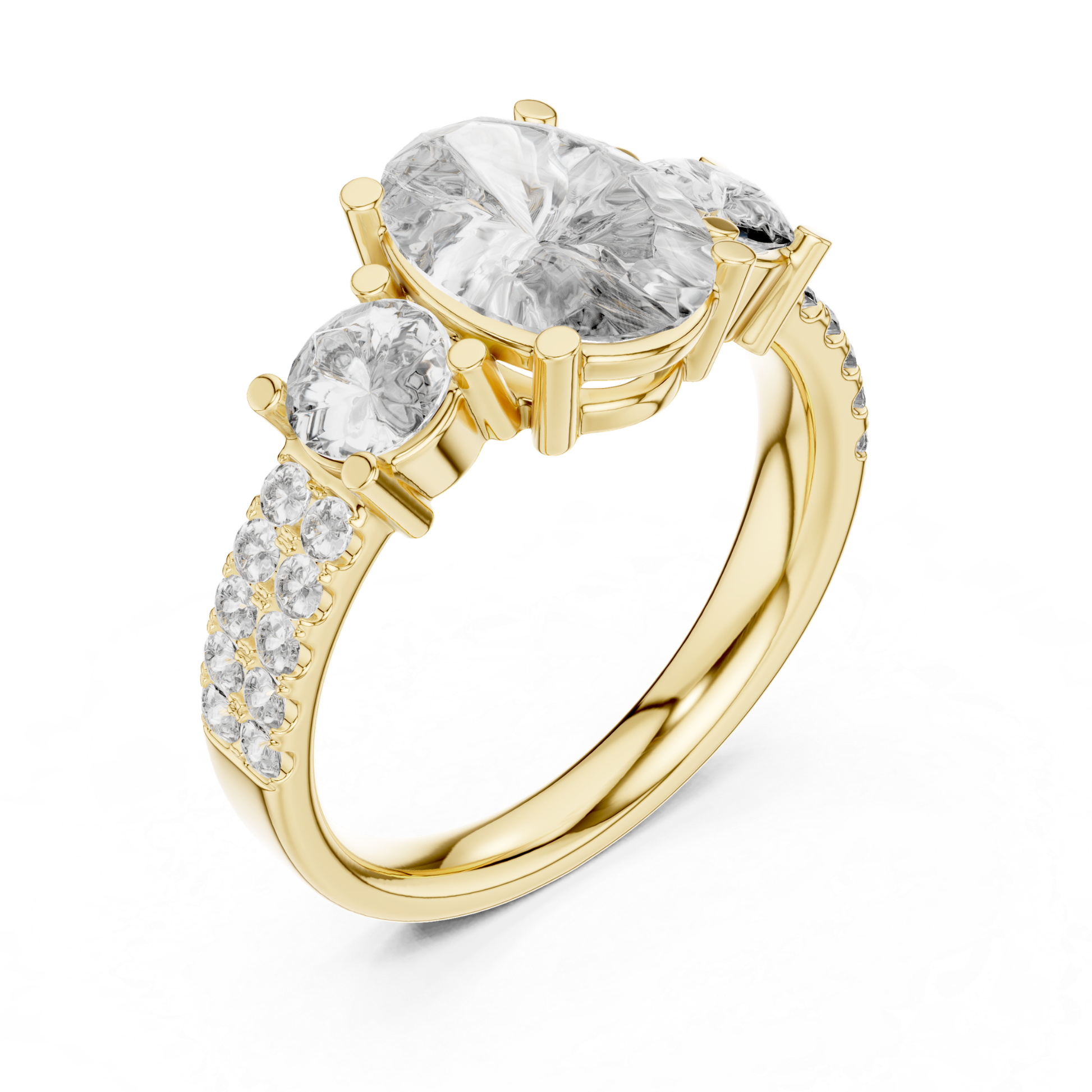 Angle view oval diamond engagement ring in yellow gold
Yellow gold oval diamond ring with pave side details
Oval cut diamond angle view ring with side stones
Yellow gold three stone oval diamond bridal ring
Oval lab diamond ring with diamond accent shank
Yellow gold oval diamond ring with prong setting
Elegant angle view oval diamond statement ring
Oval center stone engagement ring in yellow gold
Yellow gold oval diamond ring with polished band
Luxury oval diamond ring angle profile in yellow gold